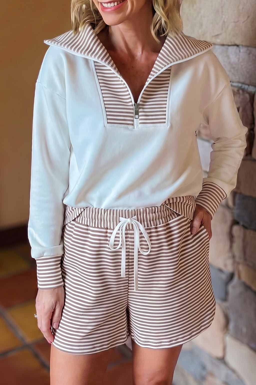 Khaki Stripe Color Block Patchwork Long Sleeve Top Drawstring Shorts Set PREORDER ETA 3 WEEKS