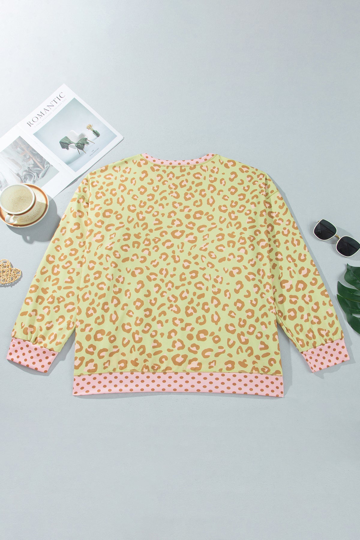 Khaki Plus Size Leopard Print Contrast Polka Dot Trim Long Sleeve Top PREORDER ETA 3 WEEKS
