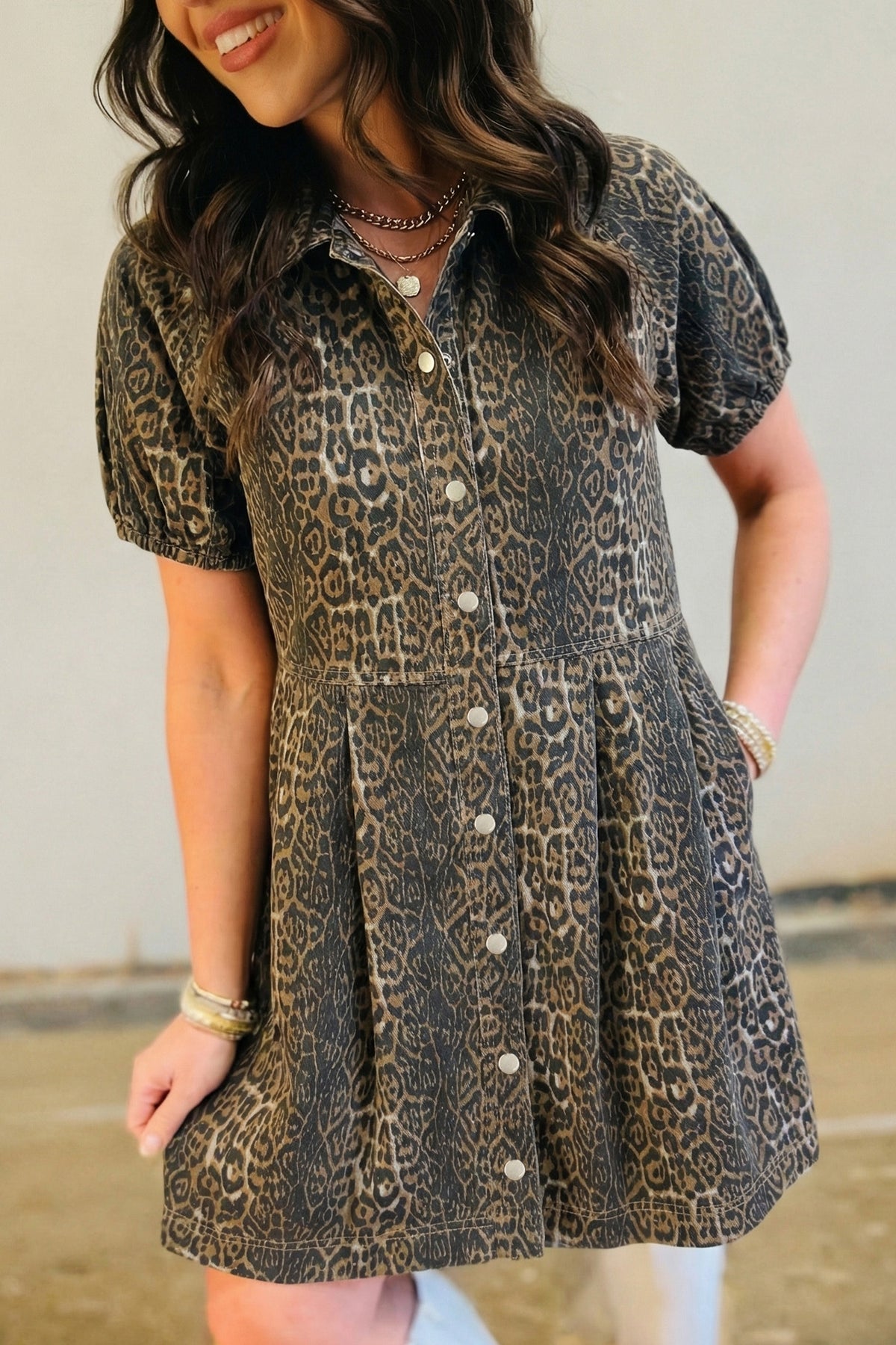 Gray Leopard Print Short Sleeve Pleated Denim Mini Dress PREORDER ETA 3 WEEKS
