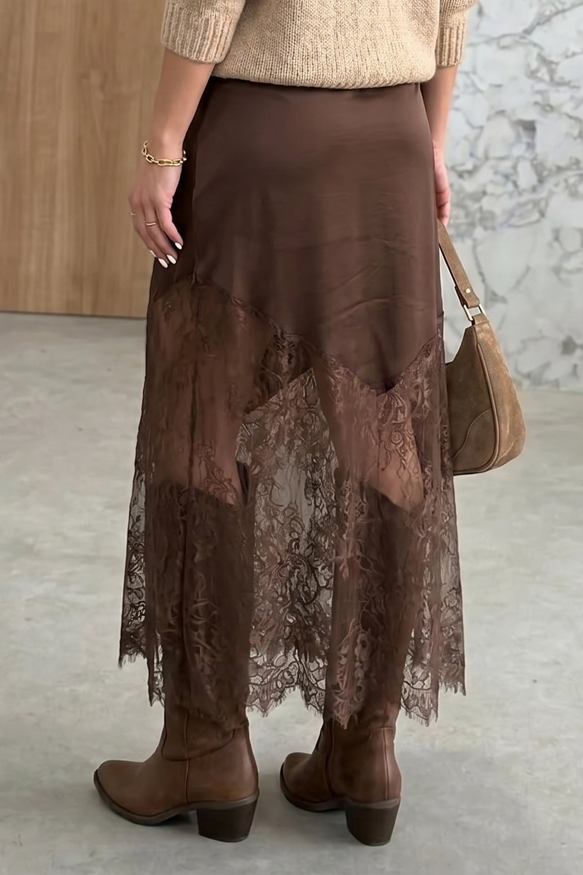 Dark Brown Lace Patchwork Hem Long Casual Shift Skirt PREORDER ETA 3 WEEKS