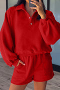 Fiery Red Half Button Puff Sleeve Relaxed Pullover and Shorts 2pcs Outfit