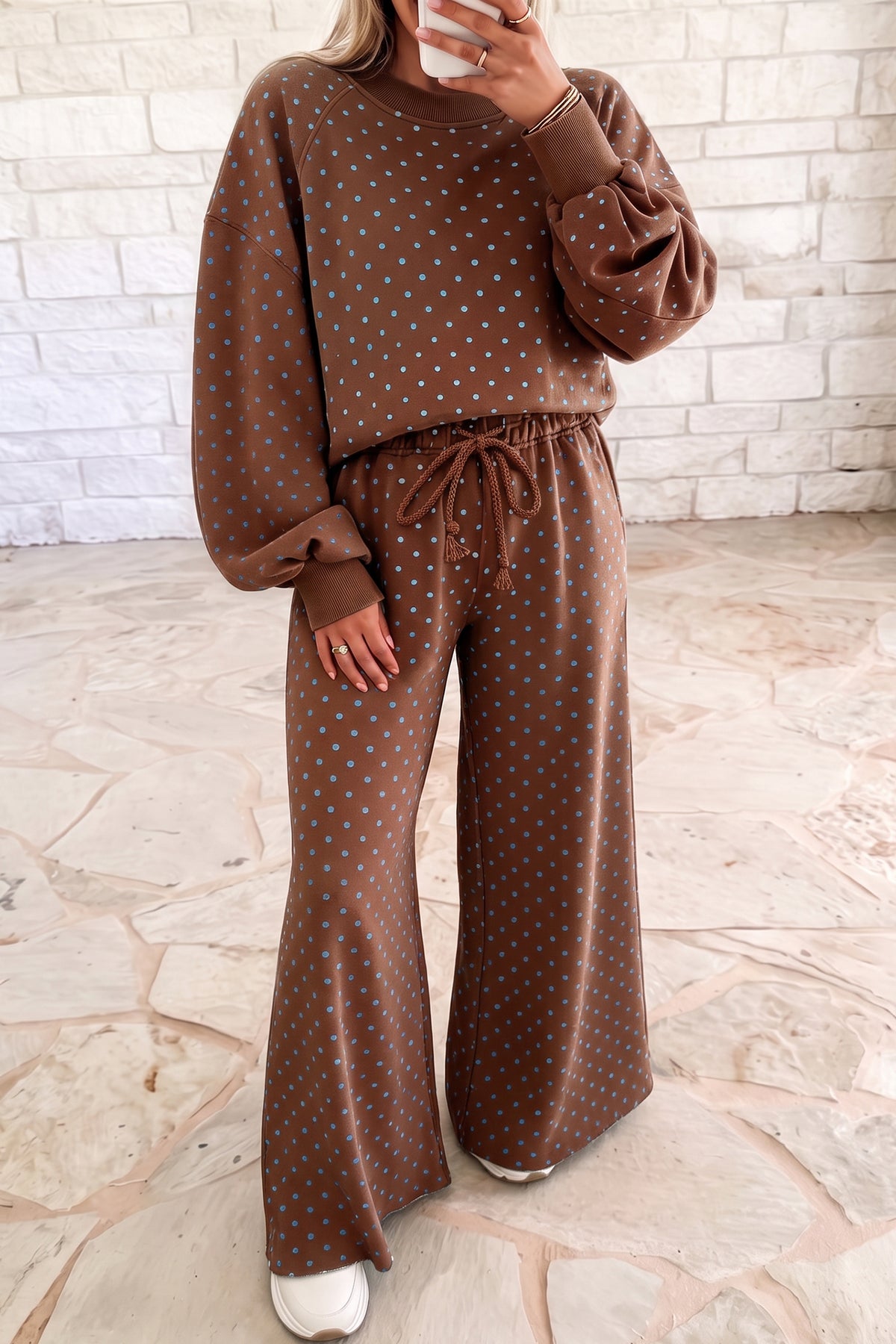 Polka Dot Drawstring Wide Leg Long Sleeve Top Pant Set PREORDER ETA 3 WEEKS