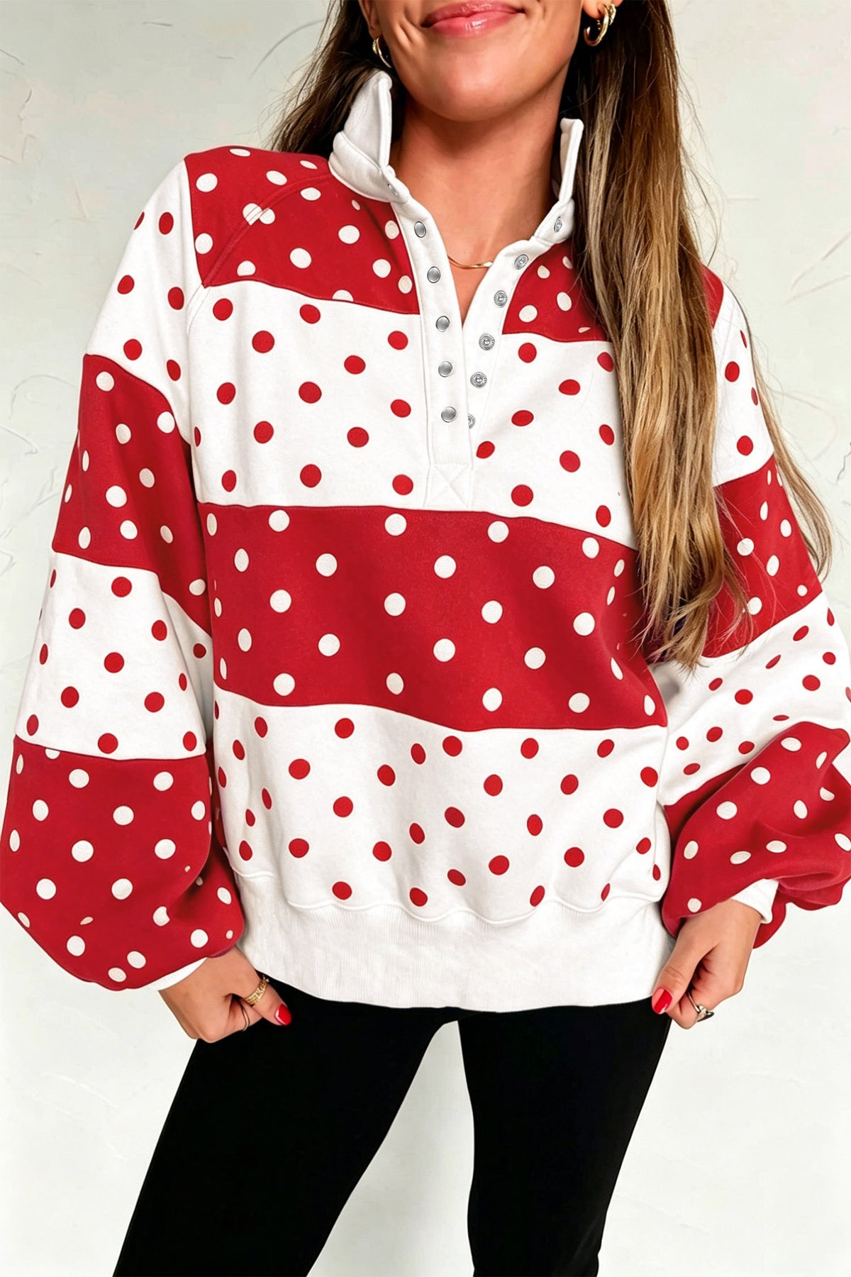 Red Polka Dot Colorblock Half Zip Puff Sleeve Pullover Sweatshirt PREORDER ETA 3 WEEKS