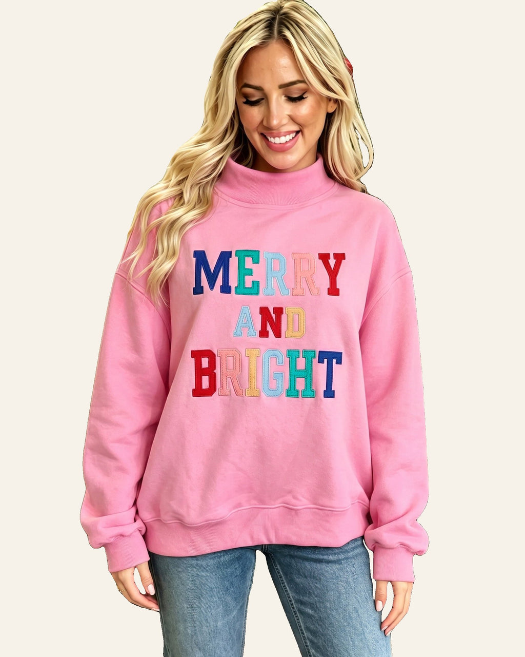 Peach Blossom MERRY AND BRIGHT Stitched Letter Pattern Mock Neck Sweatshirt PREORDER ETA 3 WEEKS
