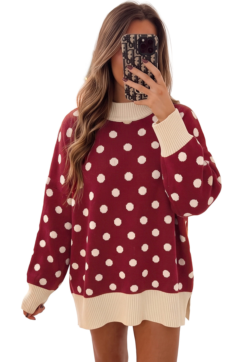 Red Polka Dot Pattern Ribbed Colorblock Trim Split Tunic Sweater PREORDER ETA 3 WEEKS