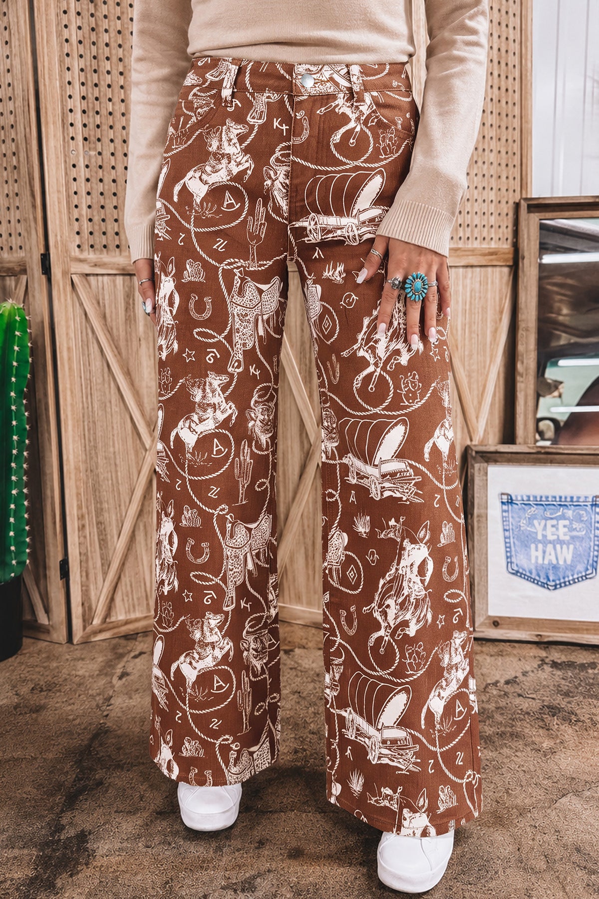 Brown Western Print Casual Shift Jeans PREORDER ETA 3 WEEKS