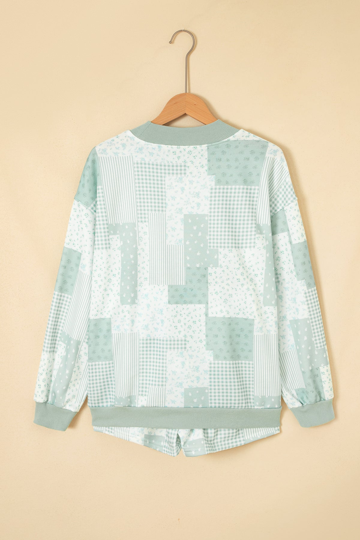 Sky Blue Patchwork Floral Print Drop Shoulder Baggy Pullover Drawstring Shorts Set PREORDER ETA 3 WEEKS