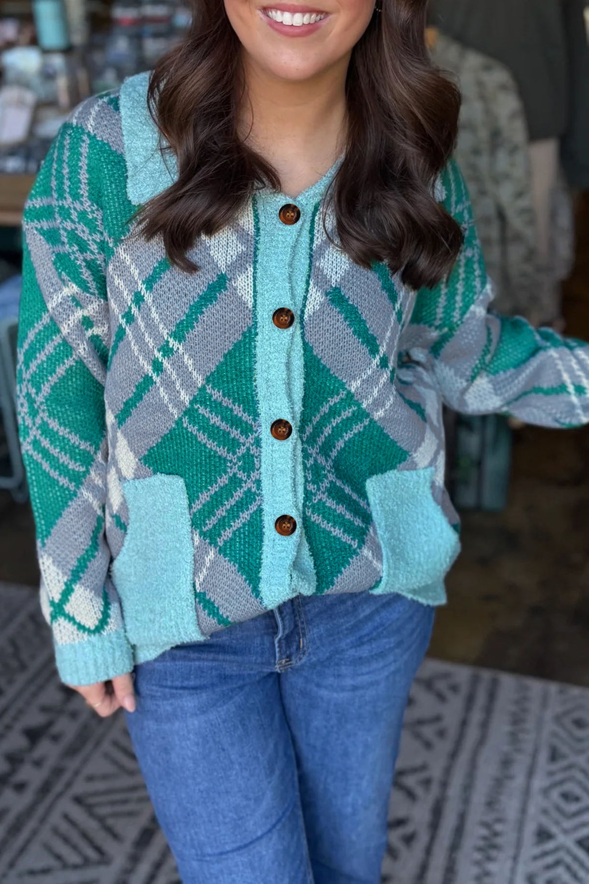 Green Plaid V Neck Long Sleeve Shift Cardigan Sweater PREORDER ETA 3 WEEKS