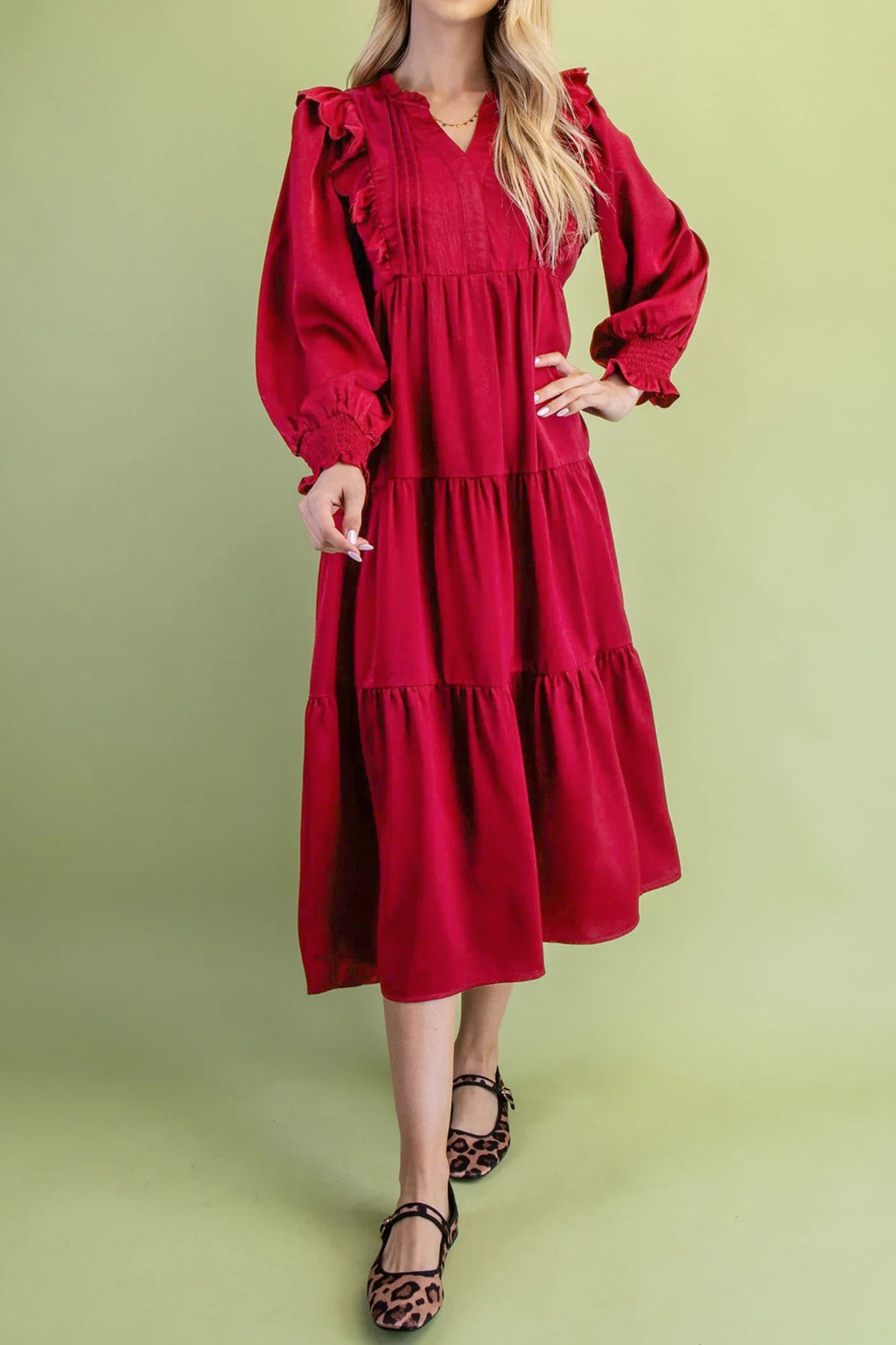 Racing Red Solid Color Ruffle Trim Long Sleeve Tiered Shift Midi Dress PREORDER ETA 3 WEEKS