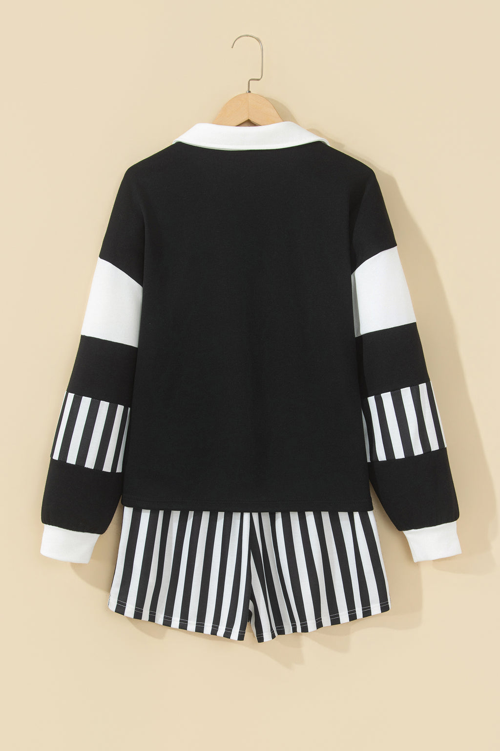 Black Striped Color Block Pullover Top Drawstring Shorts Set PREORDER ETA 3 WEEKS