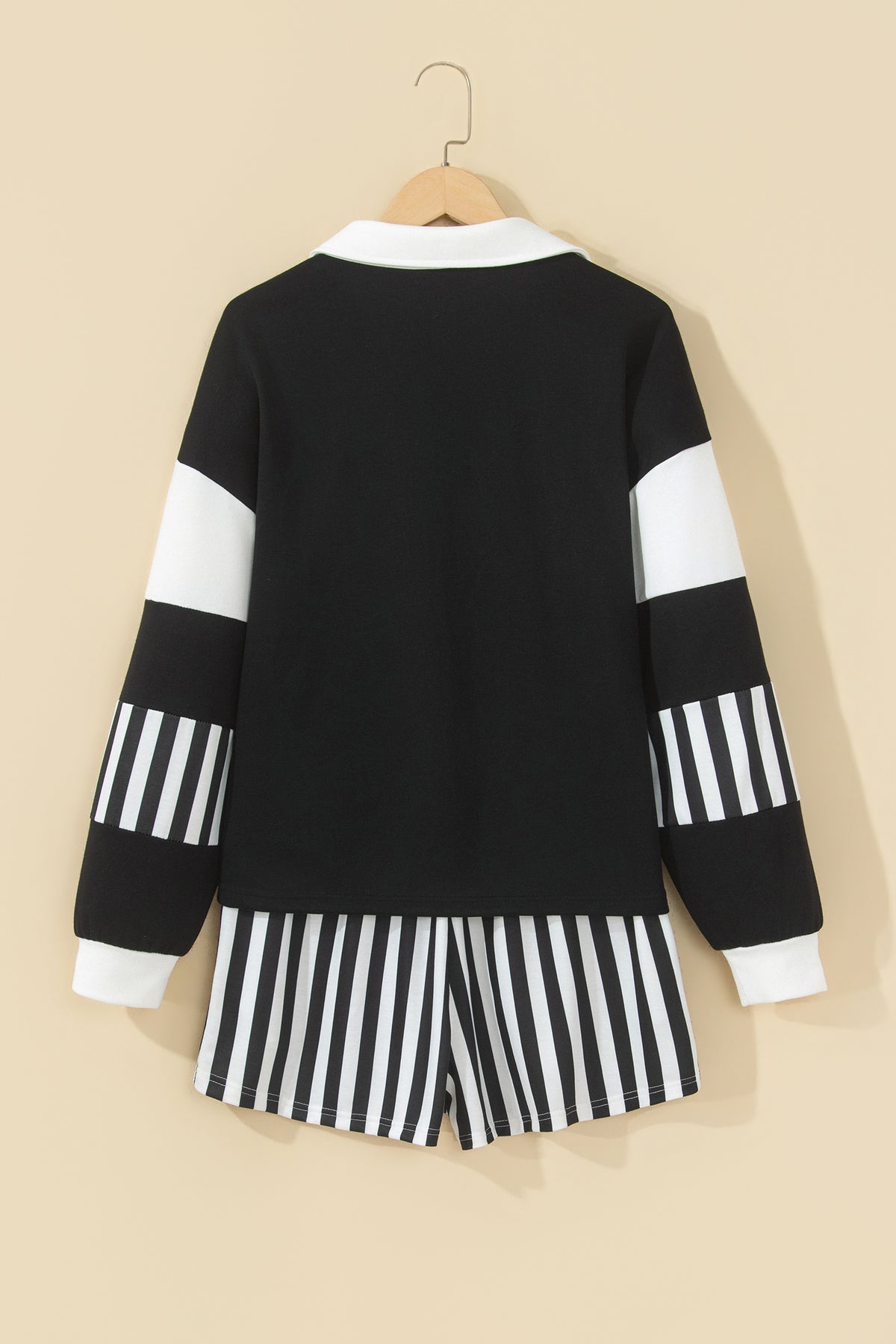 Black Striped Color Block Pullover Top Drawstring Shorts Set PREORDER ETA 3 WEEKS