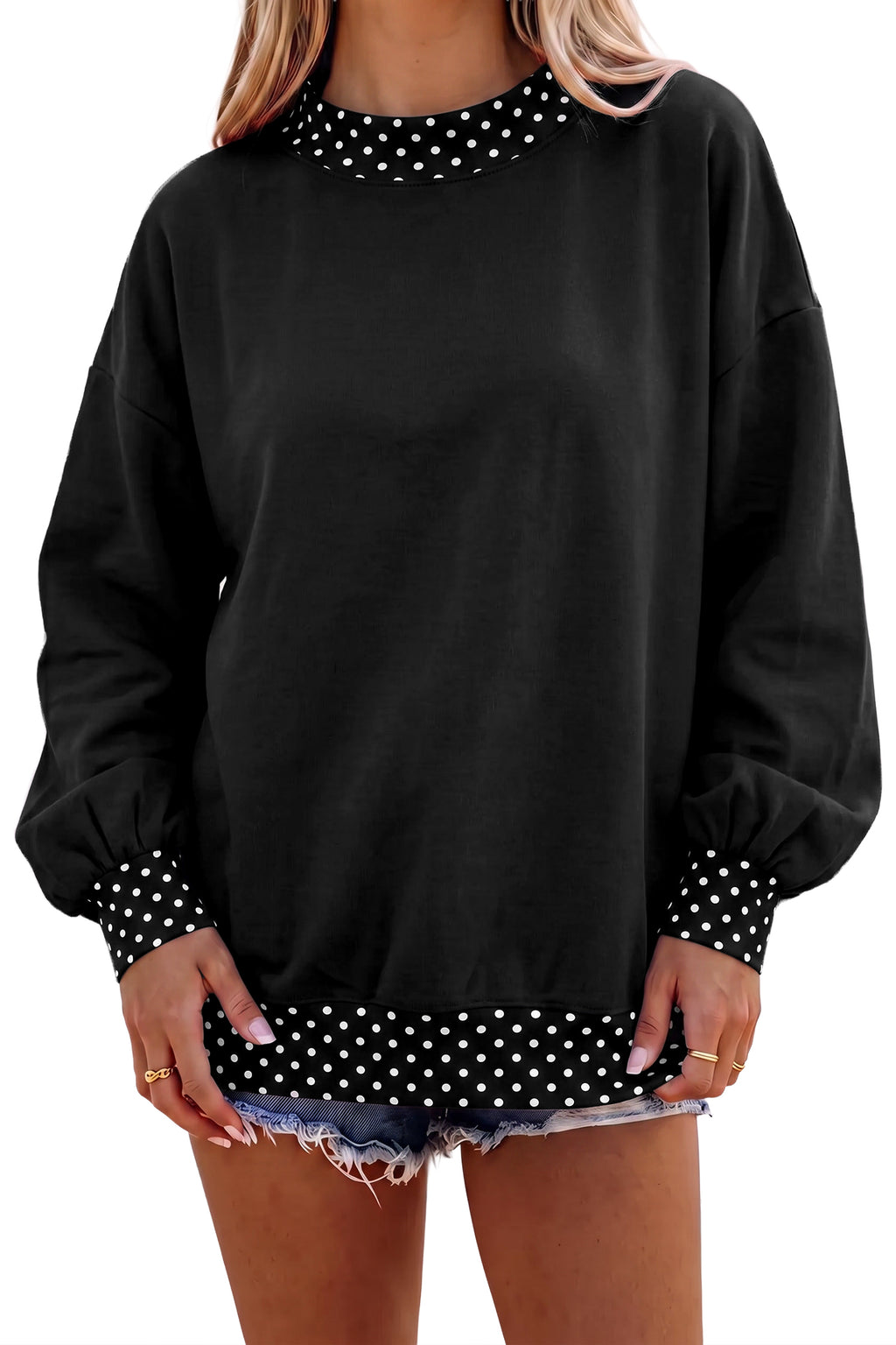 Black Colorblock Polka Dot Contrast Trim Oversized Sweatshirt PREORDER ETA 3 WEEKS