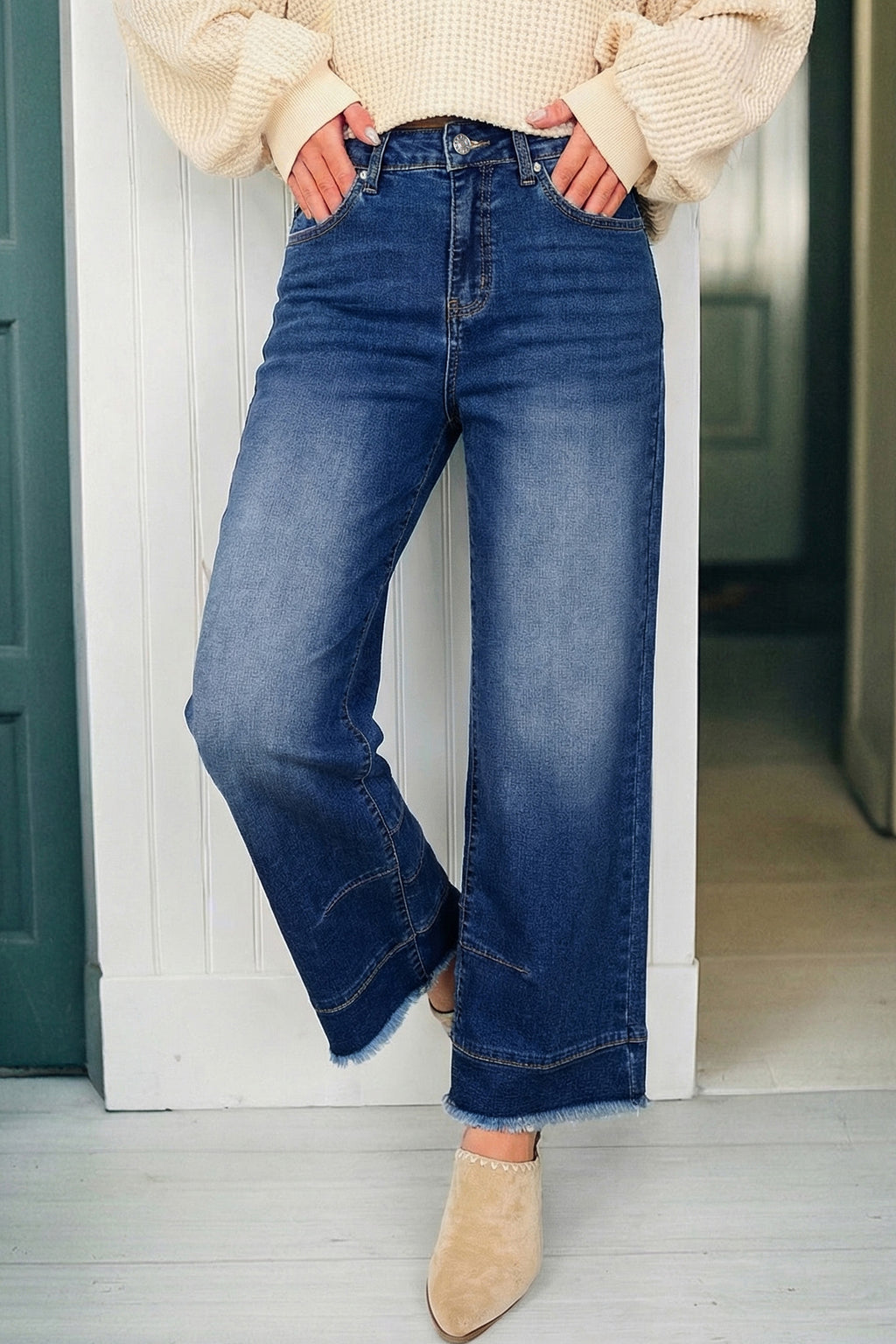 Sky Blue Chic Seam Detail Raw Hem Ankle Length Jeans PREORDER ETA 3 WEEKS
