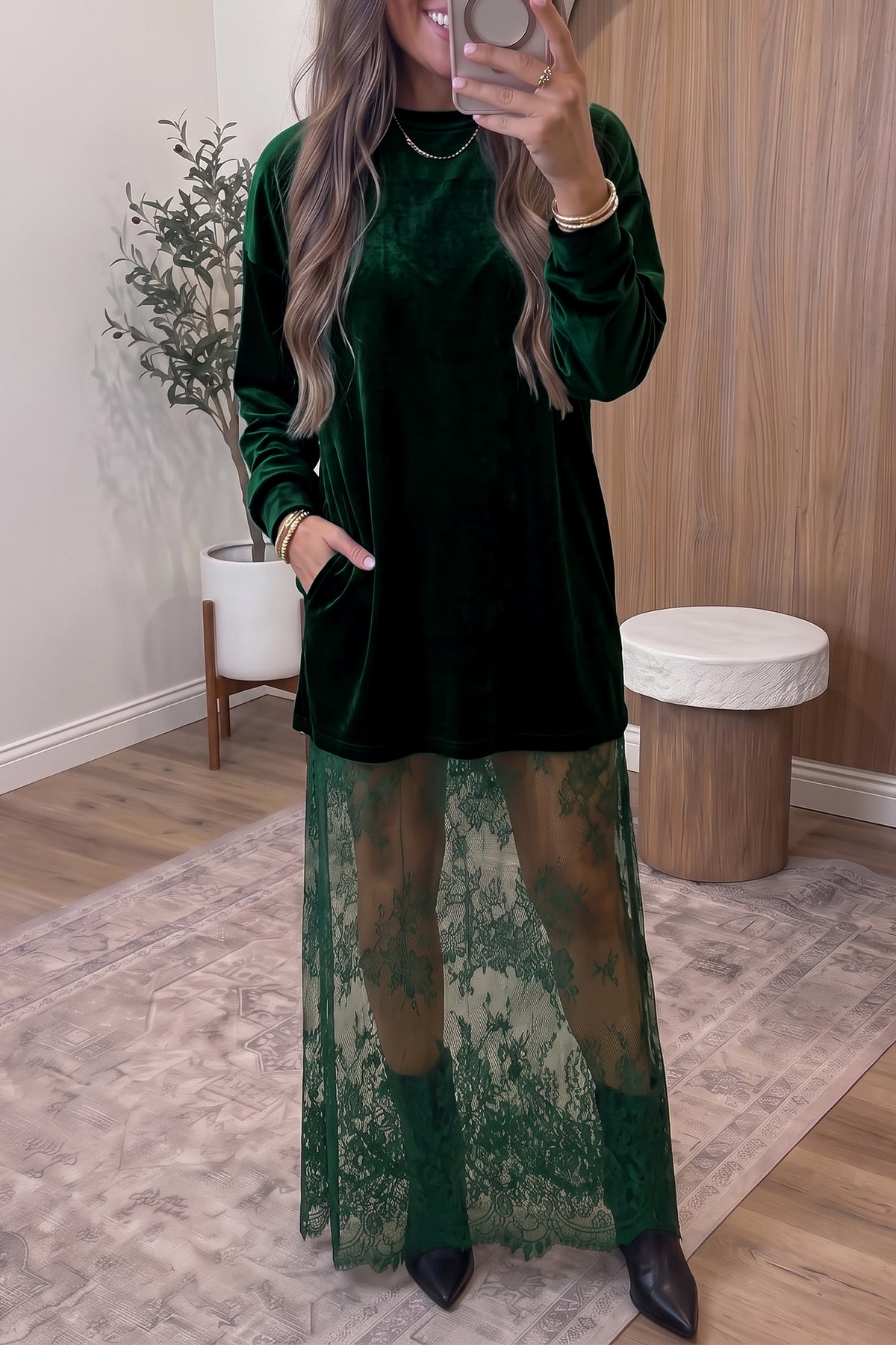 Blackish Green Velvet Long Sleeve Lace Splicing Hem Shift Maxi Dress PREORDER ETA 3 WEEKS