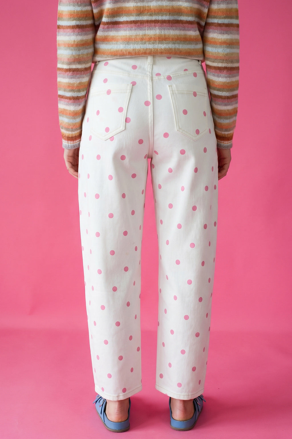 Pink Tailored Seam Polka Dot Print Barrel Casual Jeans PREORDER ETA 3 WEEKS