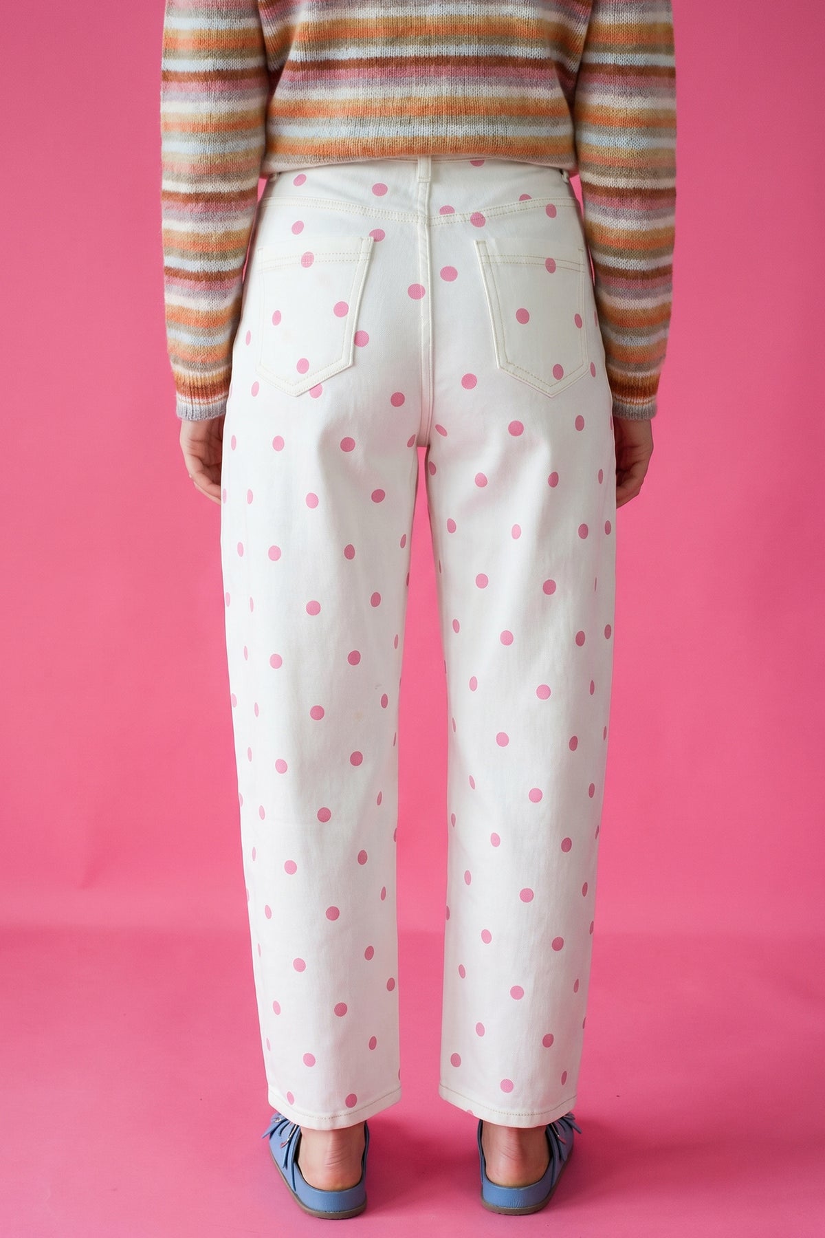 Pink Tailored Seam Polka Dot Print Barrel Casual Jeans PREORDER ETA 3 WEEKS