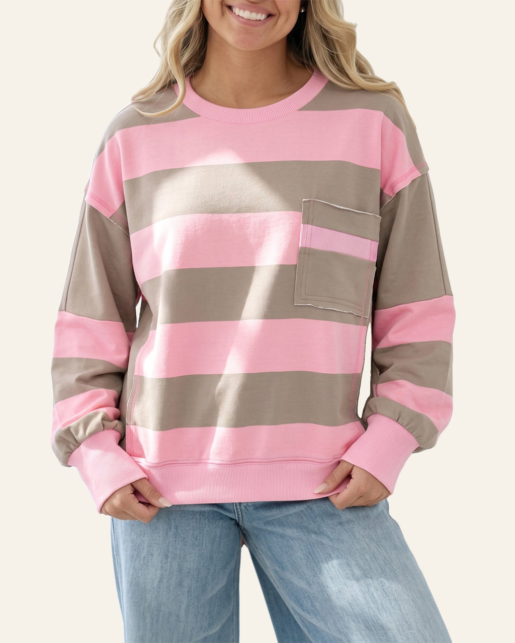 Pink Stripe Raw Seam Patchwork Drop Shoulder Plus Size Sweatshirt PREORDER ETA 3 WEEKS