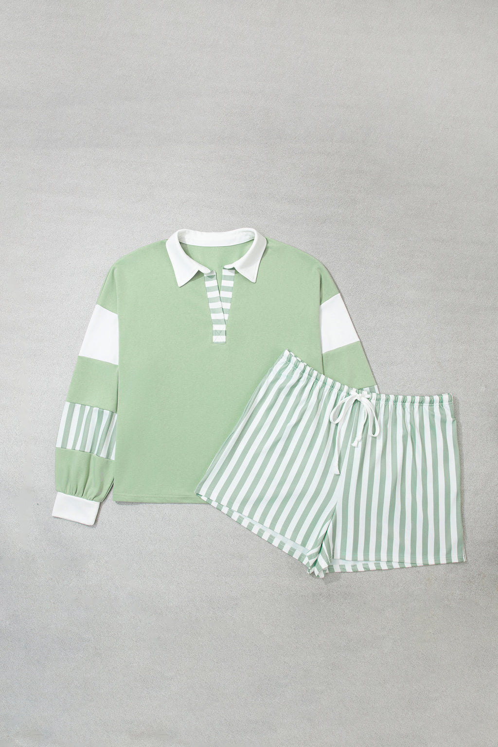 Green Striped Patchwork V Neck Two Piece Shorts Plus Size Set PREORDER ETA 3 WEEKS