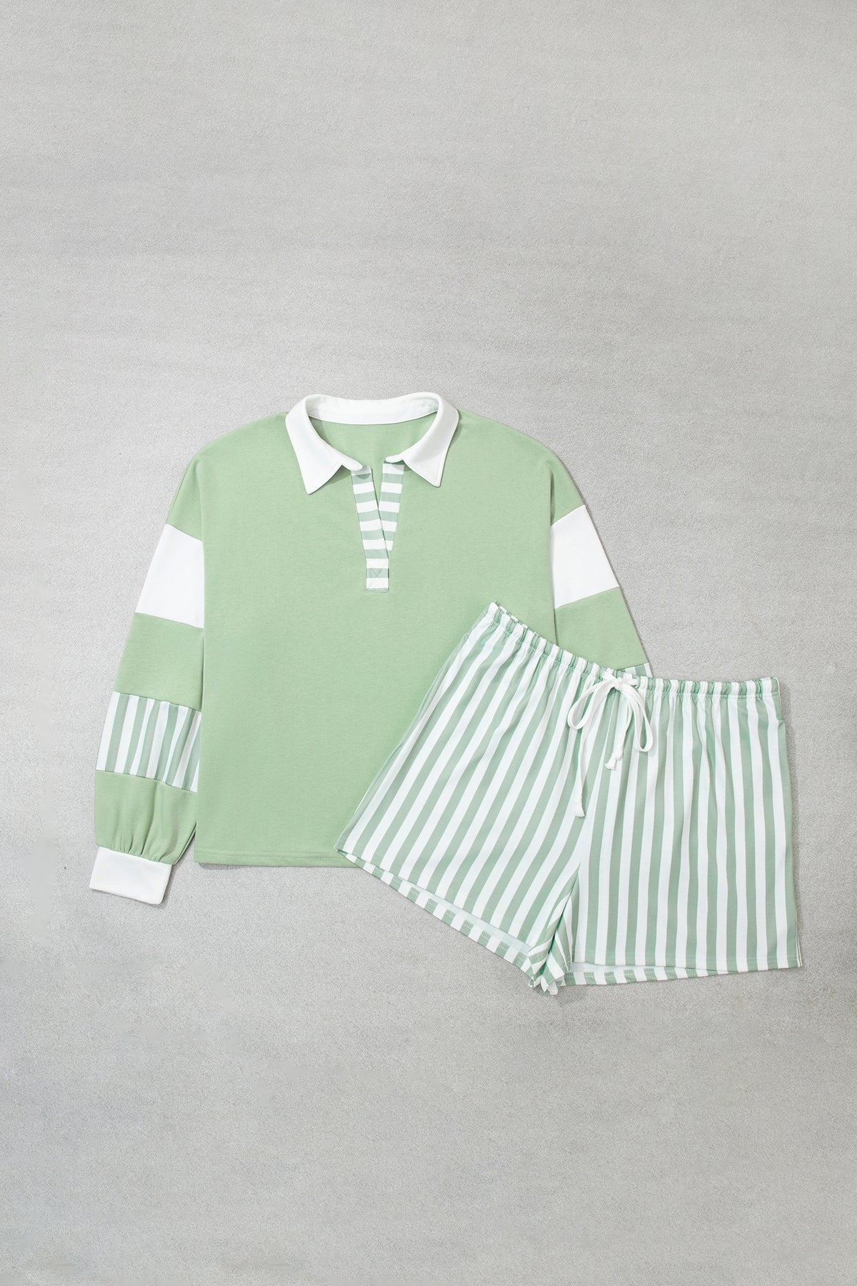 Green Striped Patchwork V Neck Two Piece Shorts Plus Size Set PREORDER ETA 3 WEEKS
