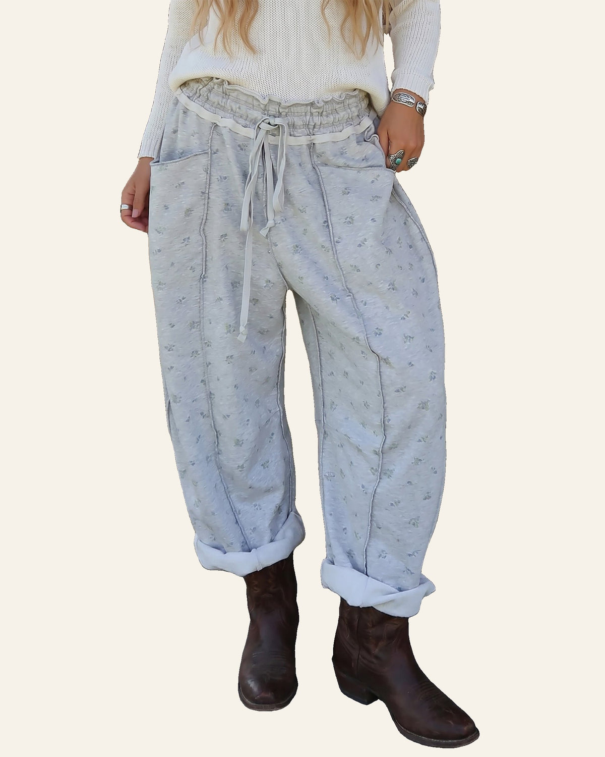 Gray Floral Print Elastic Waist Regular Fit Pants