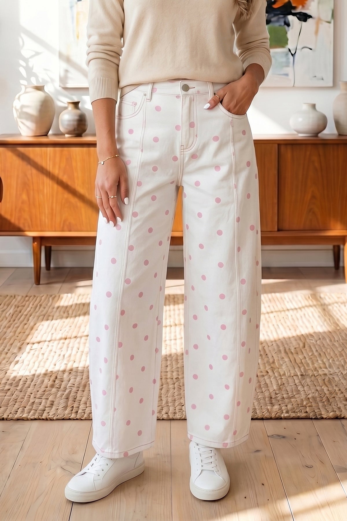 Pink Tailored Seam Polka Dot Print Barrel Casual Jeans PREORDER ETA 3 WEEKS