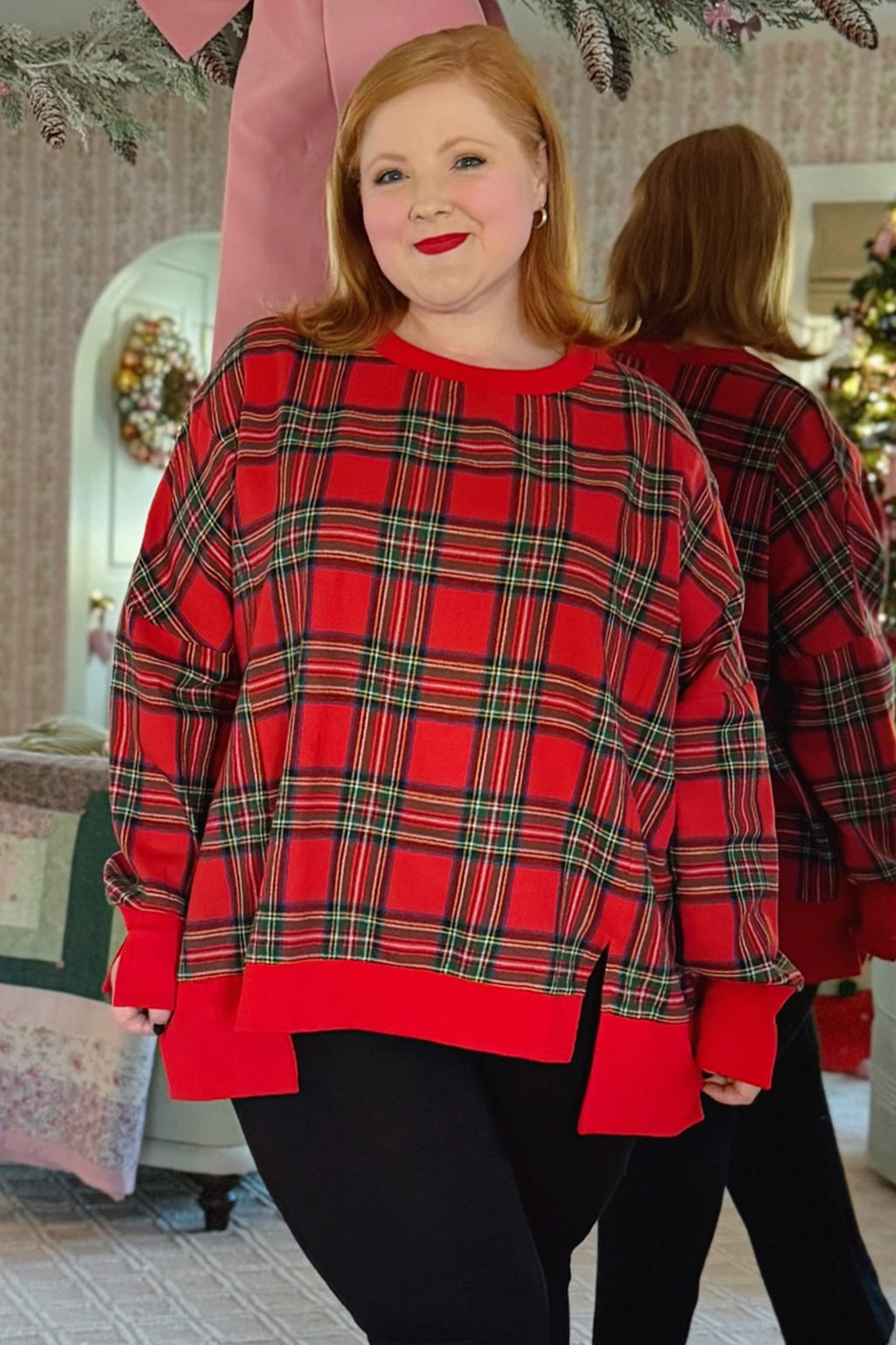 Red Plus Size Festive Plaid Long Sleeve Split Tunic Sweatshirt PREORDER ETA 3 WEEKS