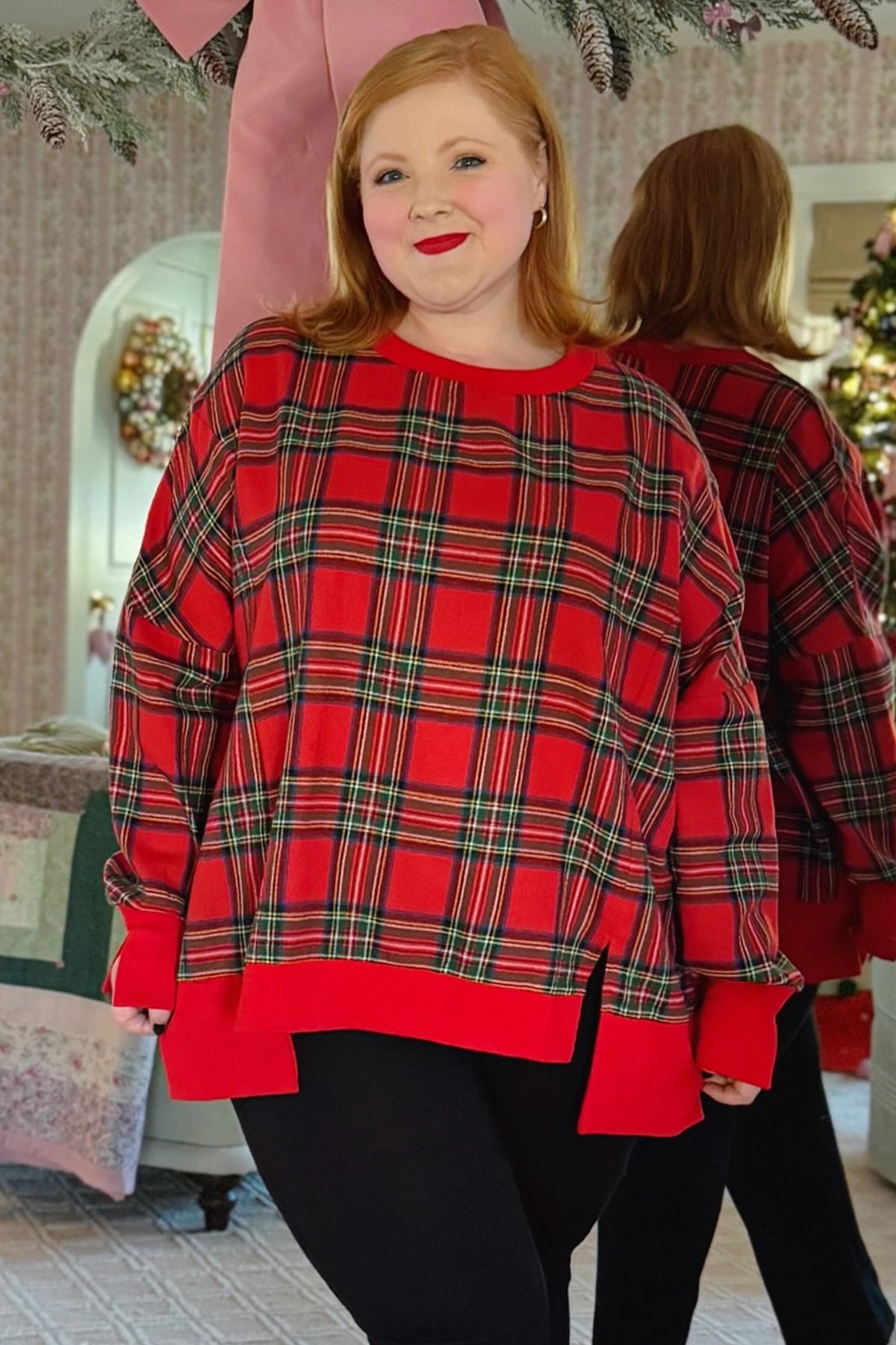Red Plus Size Festive Plaid Long Sleeve Split Tunic Sweatshirt PREORDER ETA 3 WEEKS