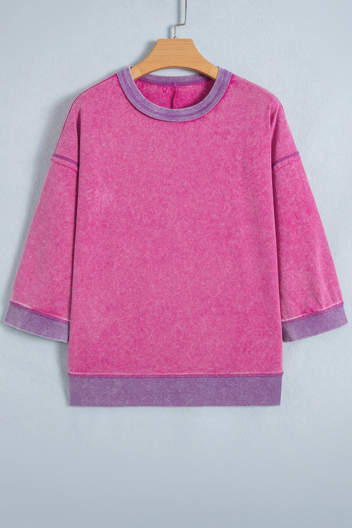 Strawberry Pink 100% Cotton Mineral Wash Color Block Trim Bracelet Sleeve Pullover Top