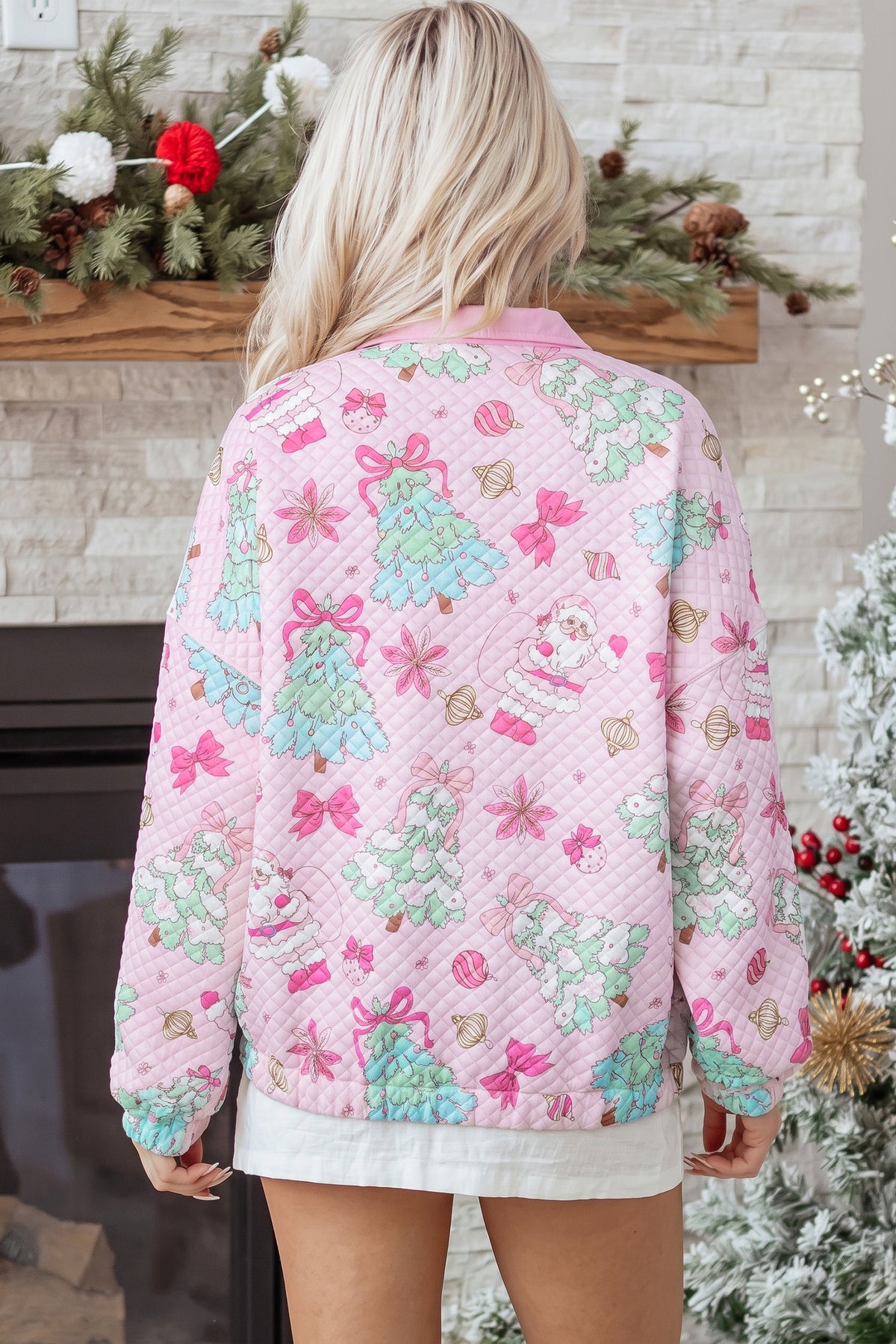 Pink Cute Christmas Print Collar Half Button Loose Sweatshirt PREORDER ETA 3 WEEKS