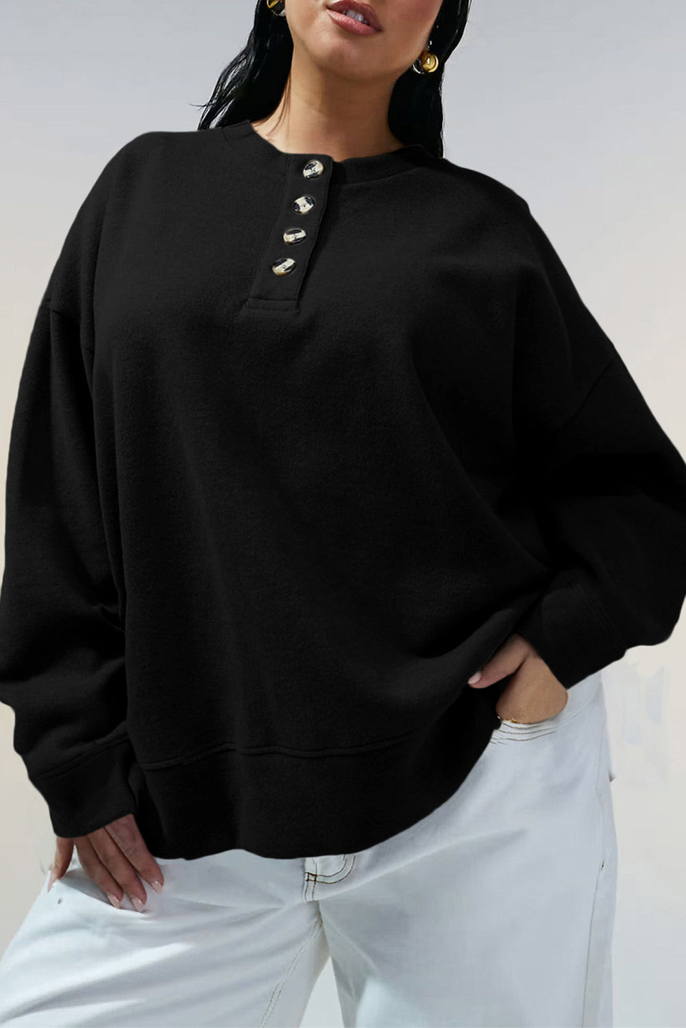 Black Solid Button Placket Crew Neck Plus Size Sweatshirt PREORDER ETA 3 WEEKS