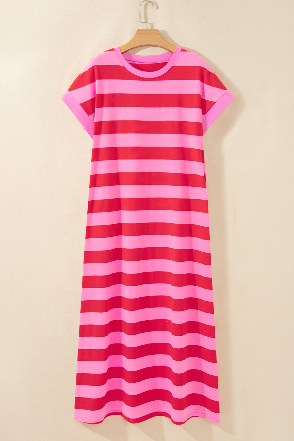 Rose Stripe Cuffed Short Sleeve Pocketed Casual T Shirt Long Dress PREORDER ETA 3 WEEKS