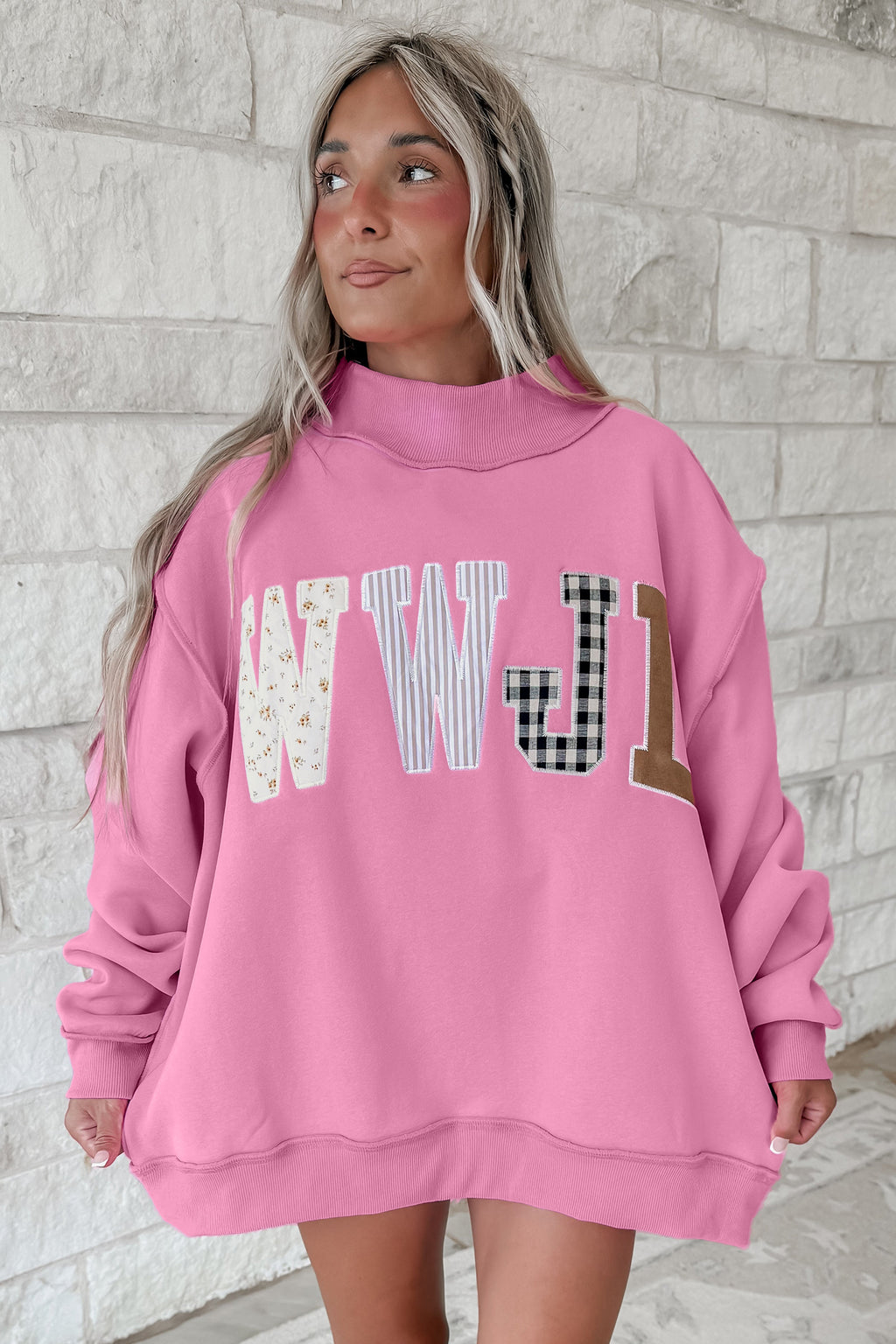 Bonbon WWJD Mixed Pattern Embroidered Patch Graphic Mock Neck Sweatshirt PREORDER ETA 3 WEEKS