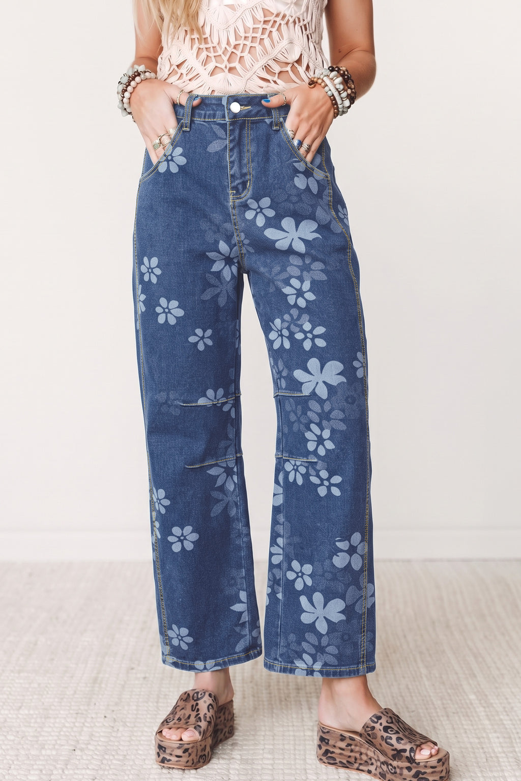 Blue Floral Print Ankle Length Casual Pocket Jeans PREORDER ETA 3 WEEKS
