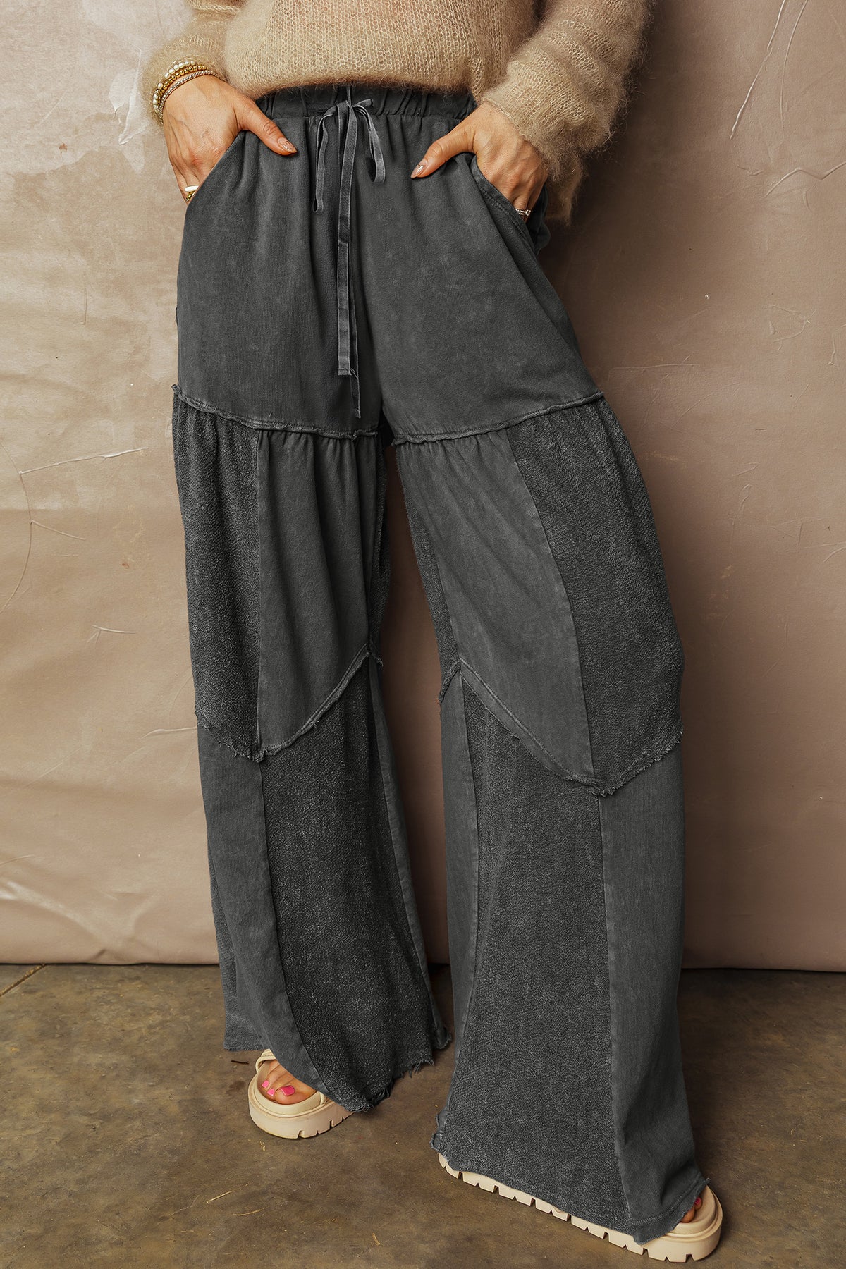 Black Mineral Wash Tiered Wide Leg Patchwork Drawstring Pants PREORDER ETA 3 WEEKS