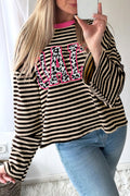 Beige Stripe Leopard Accent CIAO Letter Graphic Long Sleeve Shift Top PREORDER ETA 3 WEEKS
