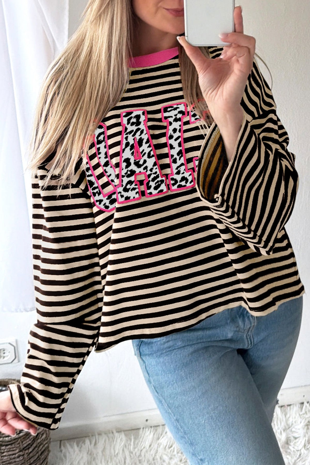 Beige Stripe Leopard Accent CIAO Letter Graphic Long Sleeve Shift Top PREORDER ETA 3 WEEKS