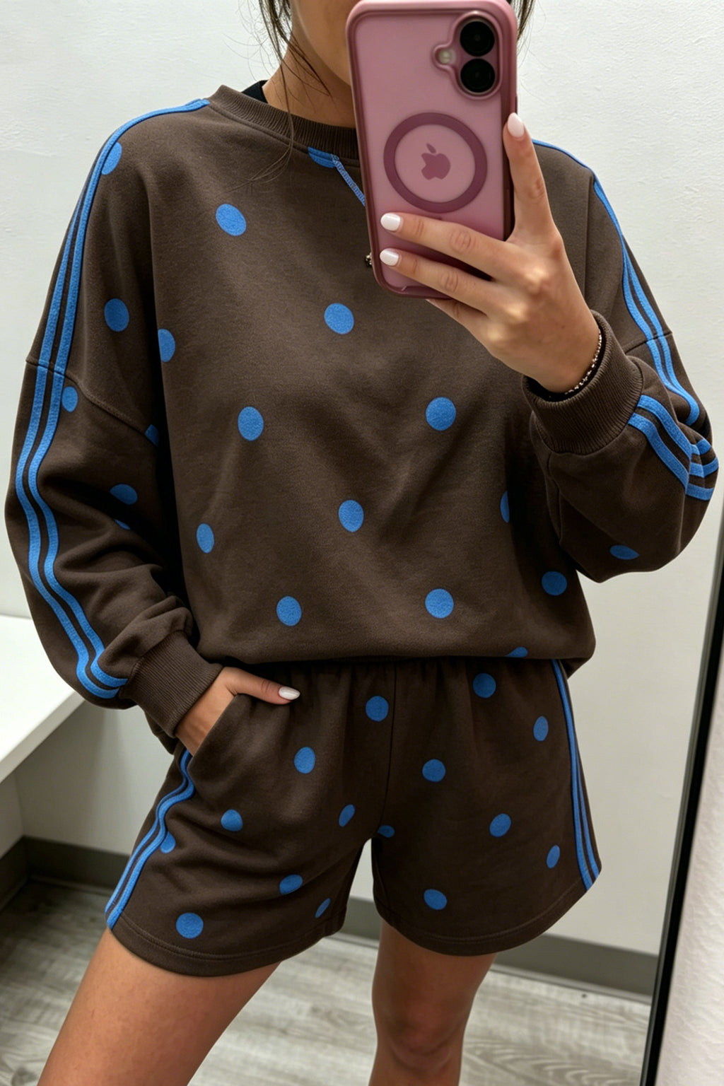 Brown Polka Dot Print Varsity Striped Detail Long Sleeve Top Short Set PREORDER ETA 3 WEEKS