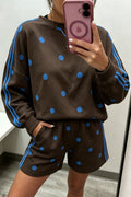 Brown Polka Dot Print Varsity Striped Detail Long Sleeve Top Short Set PREORDER ETA 3 WEEKS