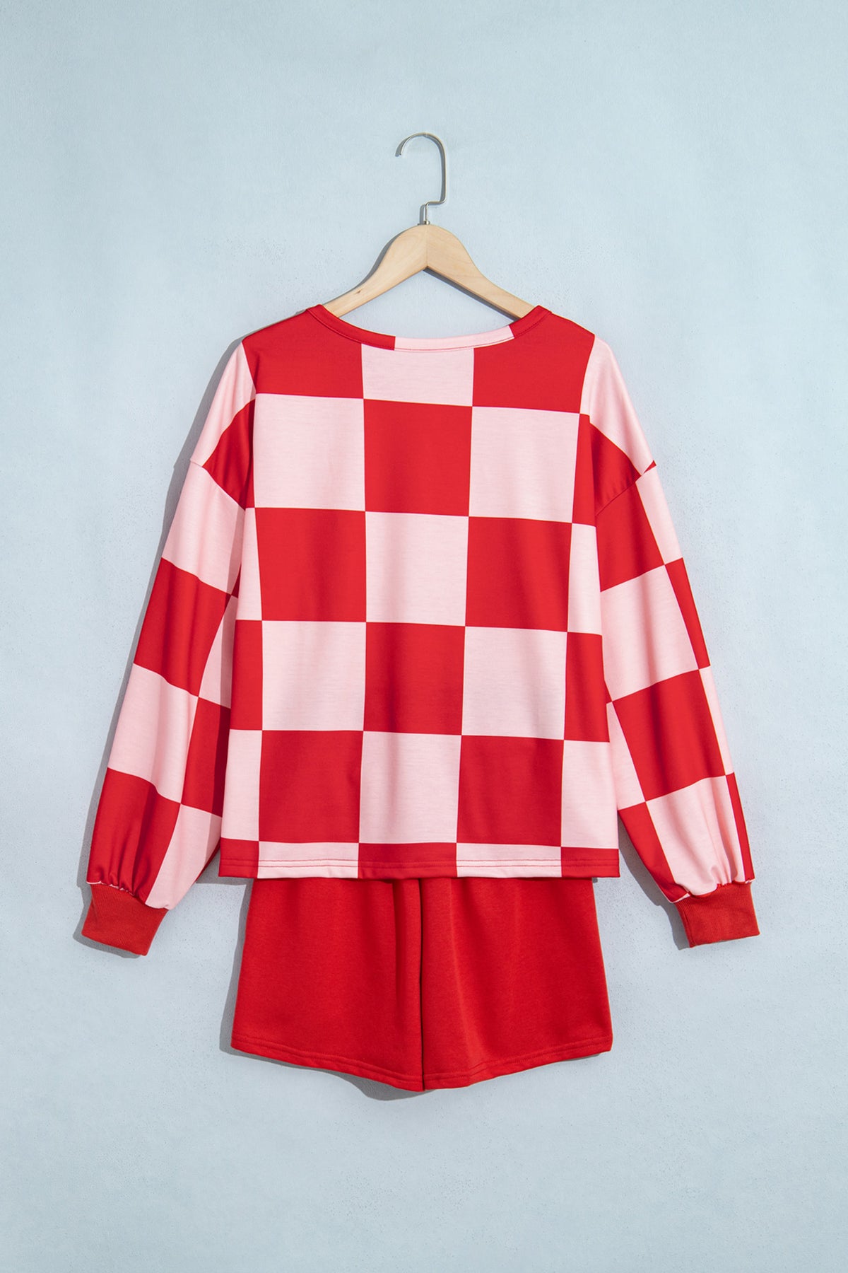 Khaki Checkerboard Plaid Long Sleeve Solid Color Shorts 2pcs Set PREORER