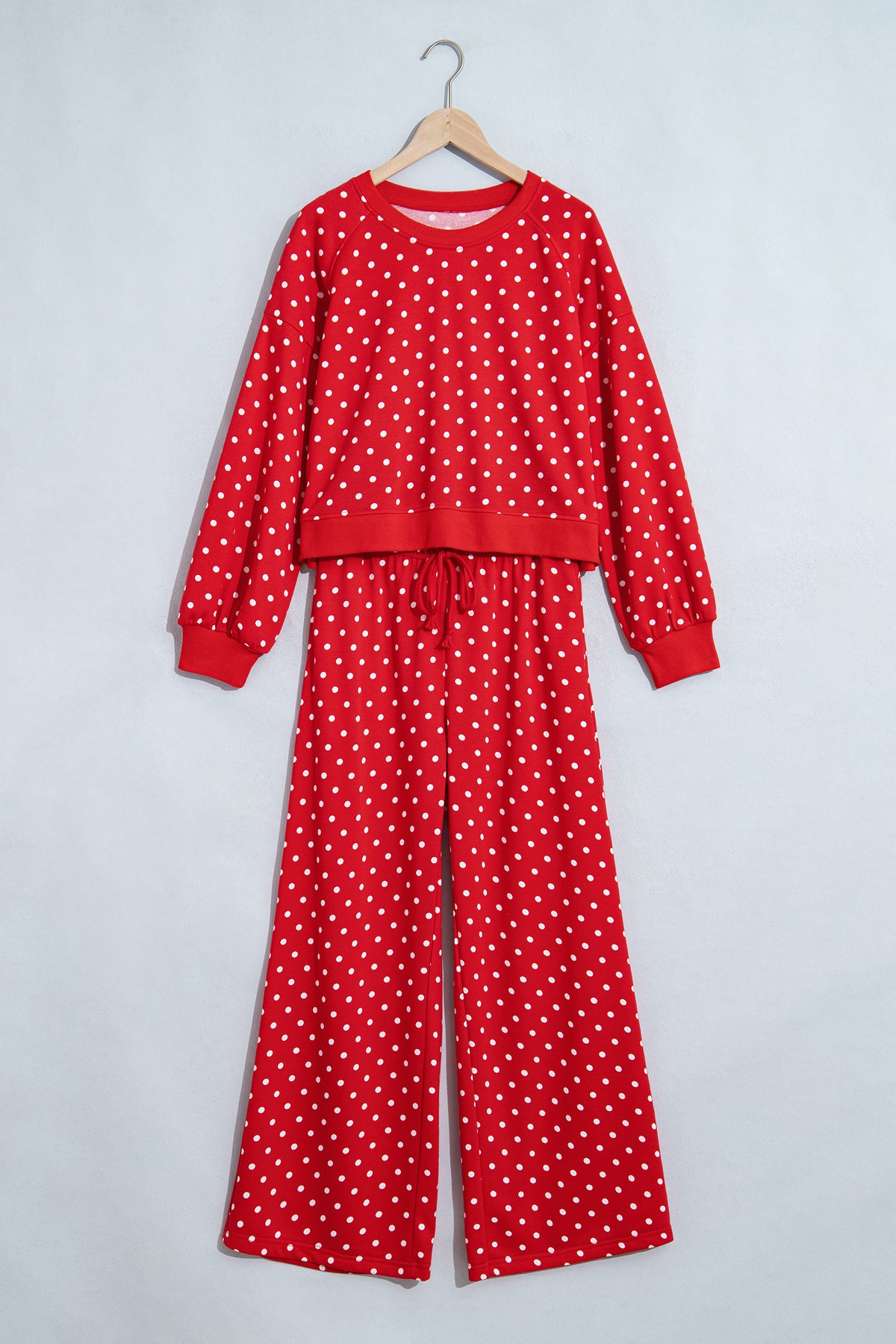 Polka Dot Drawstring Wide Leg Long Sleeve Top Pant Set PREORDER ETA 3 WEEKS
