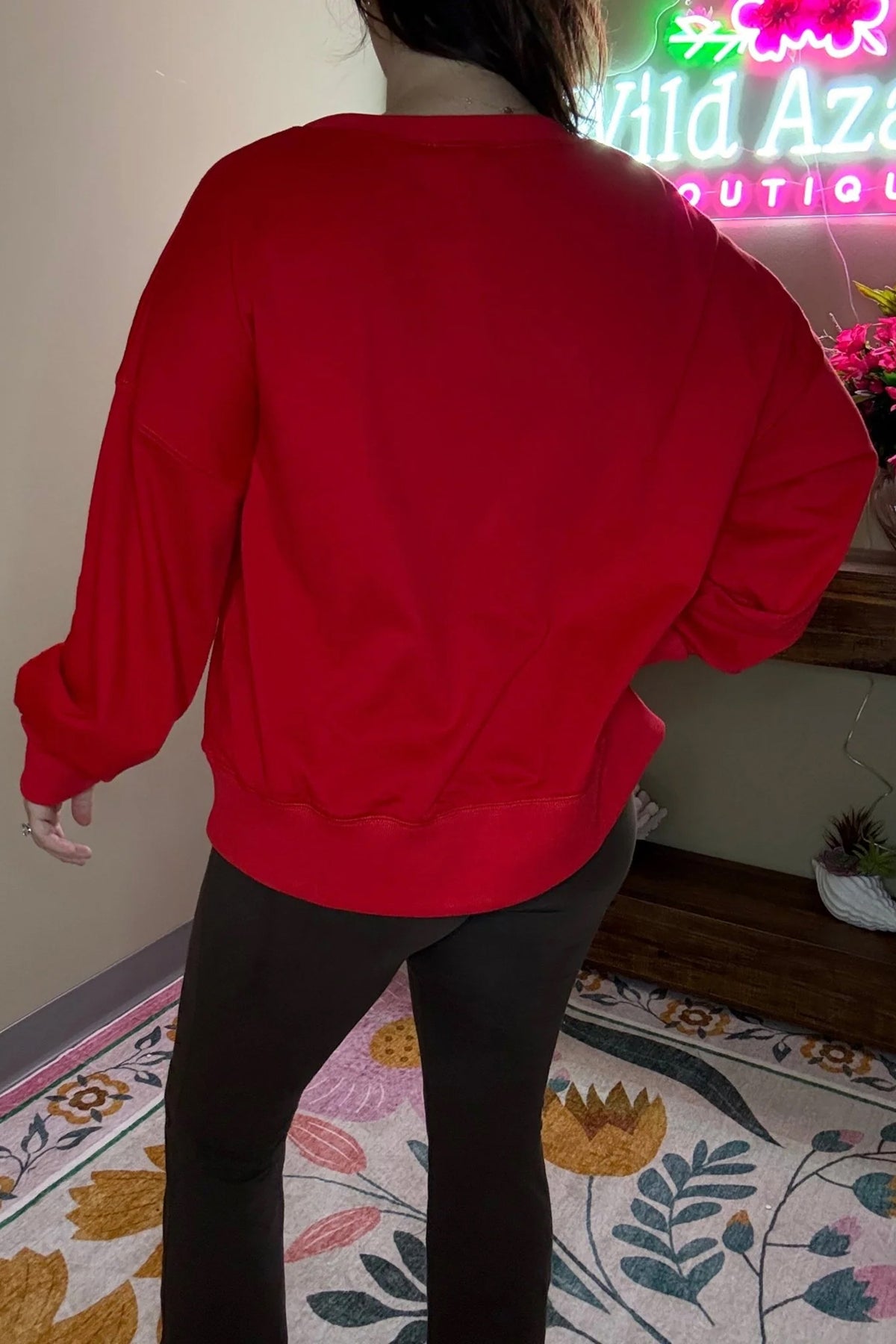 Fiery Red Christmas Embroidered Long Sleeve Casual Round Neck Loose Fit Sweatshirt PREORDER ETA 3 WEEKS