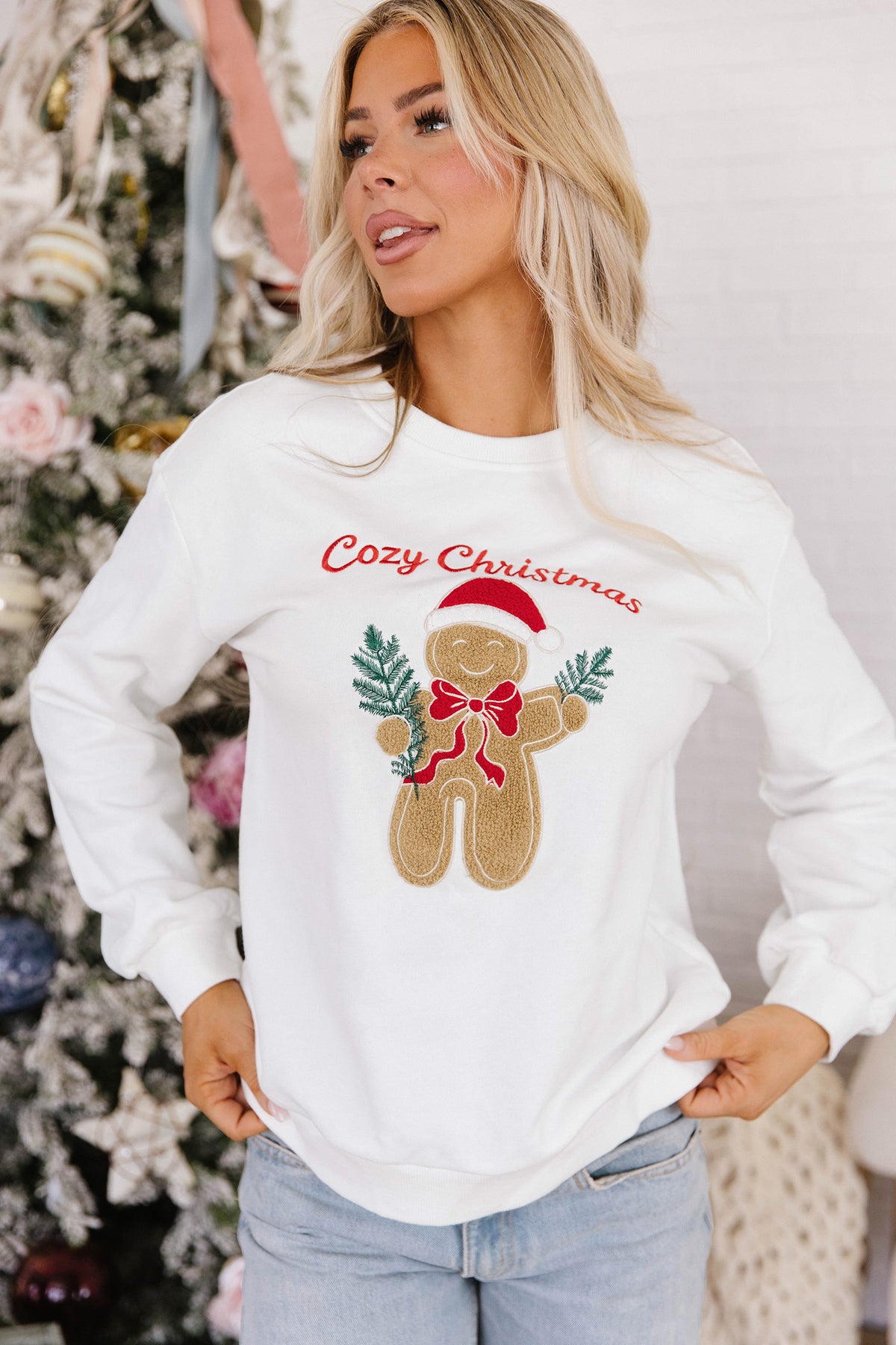 White Embroidered Gingerbread Cozy Christmas Long Sleeve Round Neck Pullover Sweatshirt PREORDER ETA 3 WEEKS