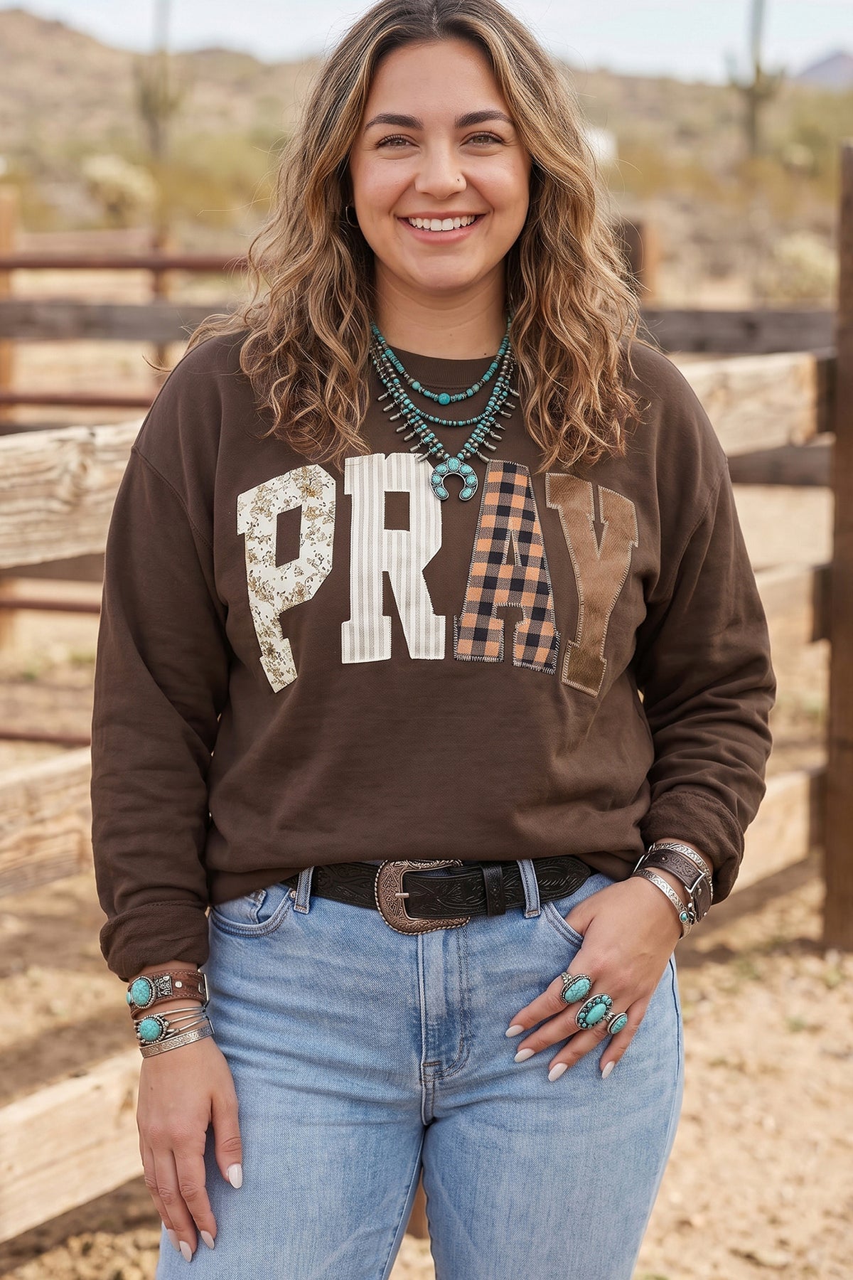 Fiery Red PRAY Letter Patchwork Round Neck Long Sleeve Plus Size Sweatshirt PREORDER ETA 3 WEEKS