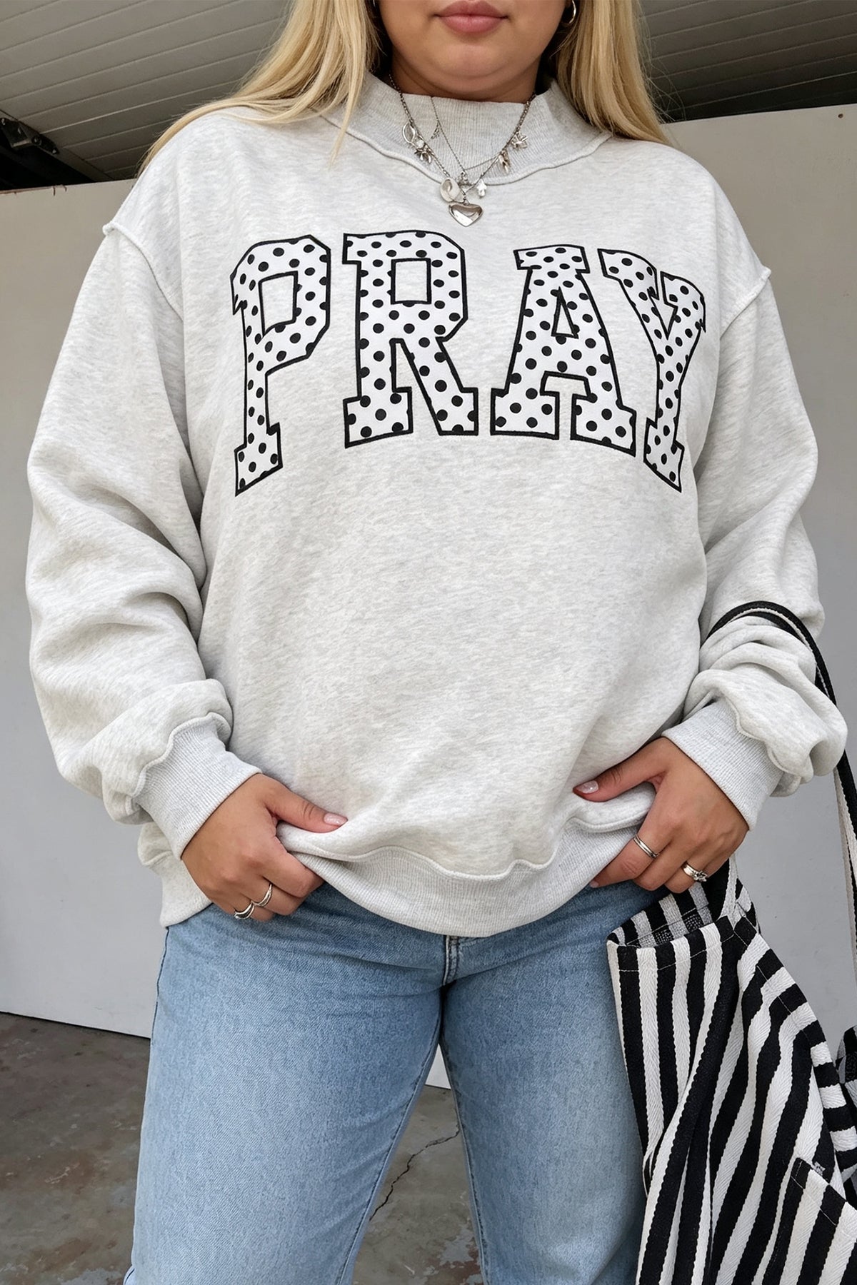 Gray PRAY Polka Dot Letter Print Mock Neck Plus Size Sweatshirt PREORDER ETA 3 WEEKS