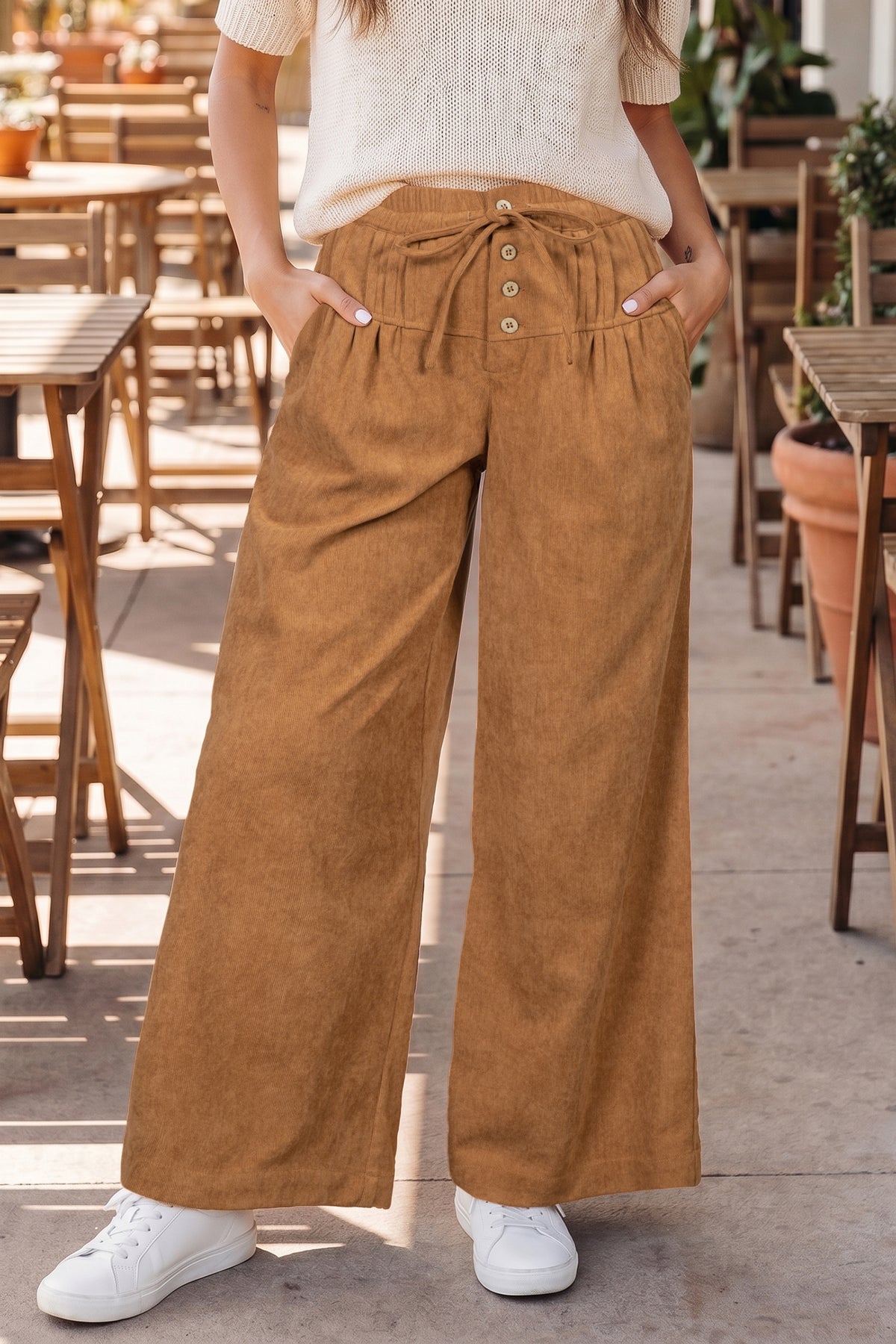 Thai Curry Elastic Waist Wooden Button Placket Ankle Length Wide Leg Pants PREORDER ETA 3 WEEKS