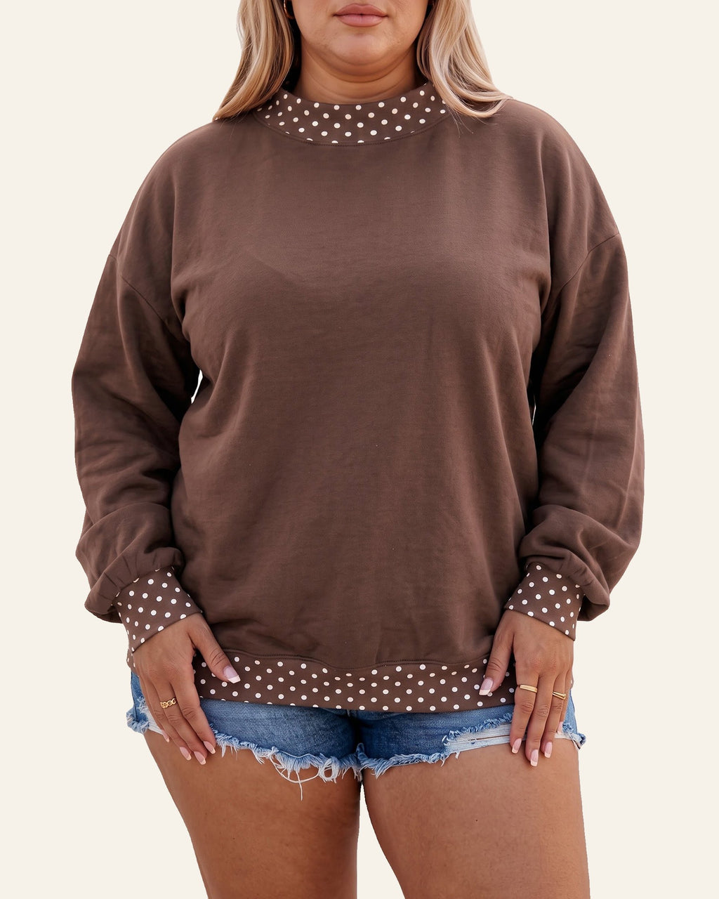 Brown Polka Dot Patchwork Round Neck Plus Size Sweatshirt PREORDER ETA 3 WEEKS