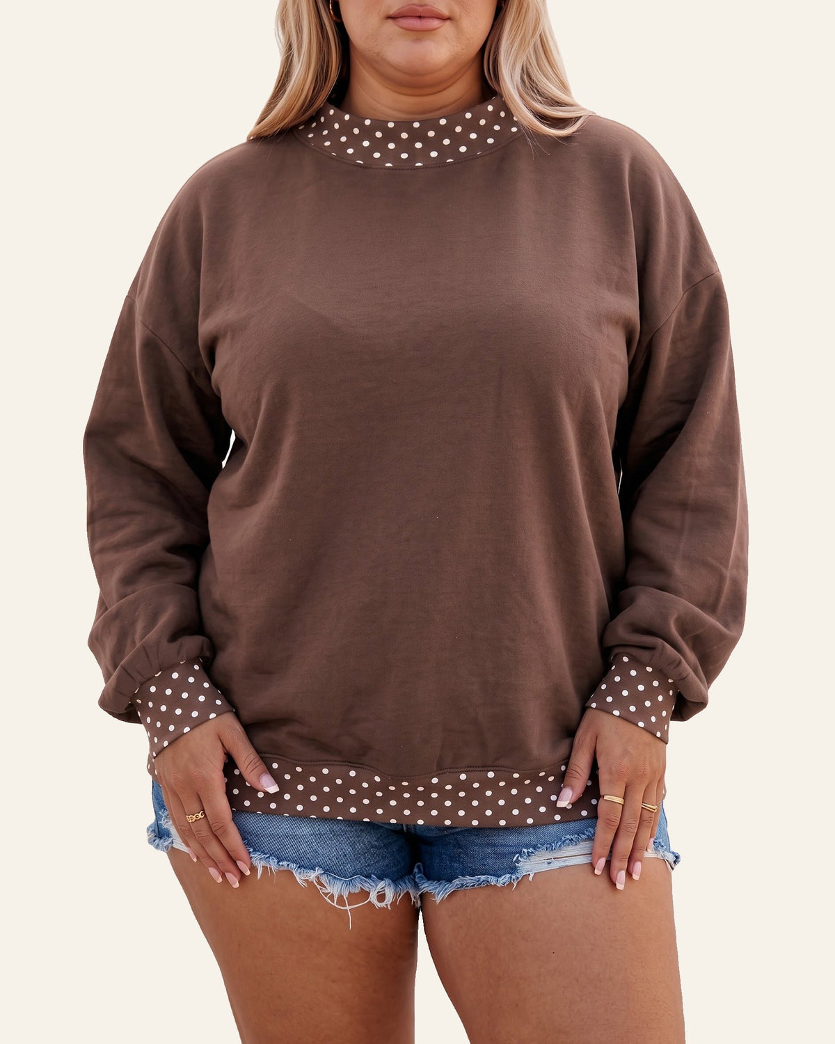 Brown Polka Dot Patchwork Round Neck Plus Size Sweatshirt PREORDER ETA 3 WEEKS