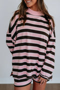 Pink Stripe Oversized Long Sleeve Top Elastic Waist Shorts Casual 2pcs Set