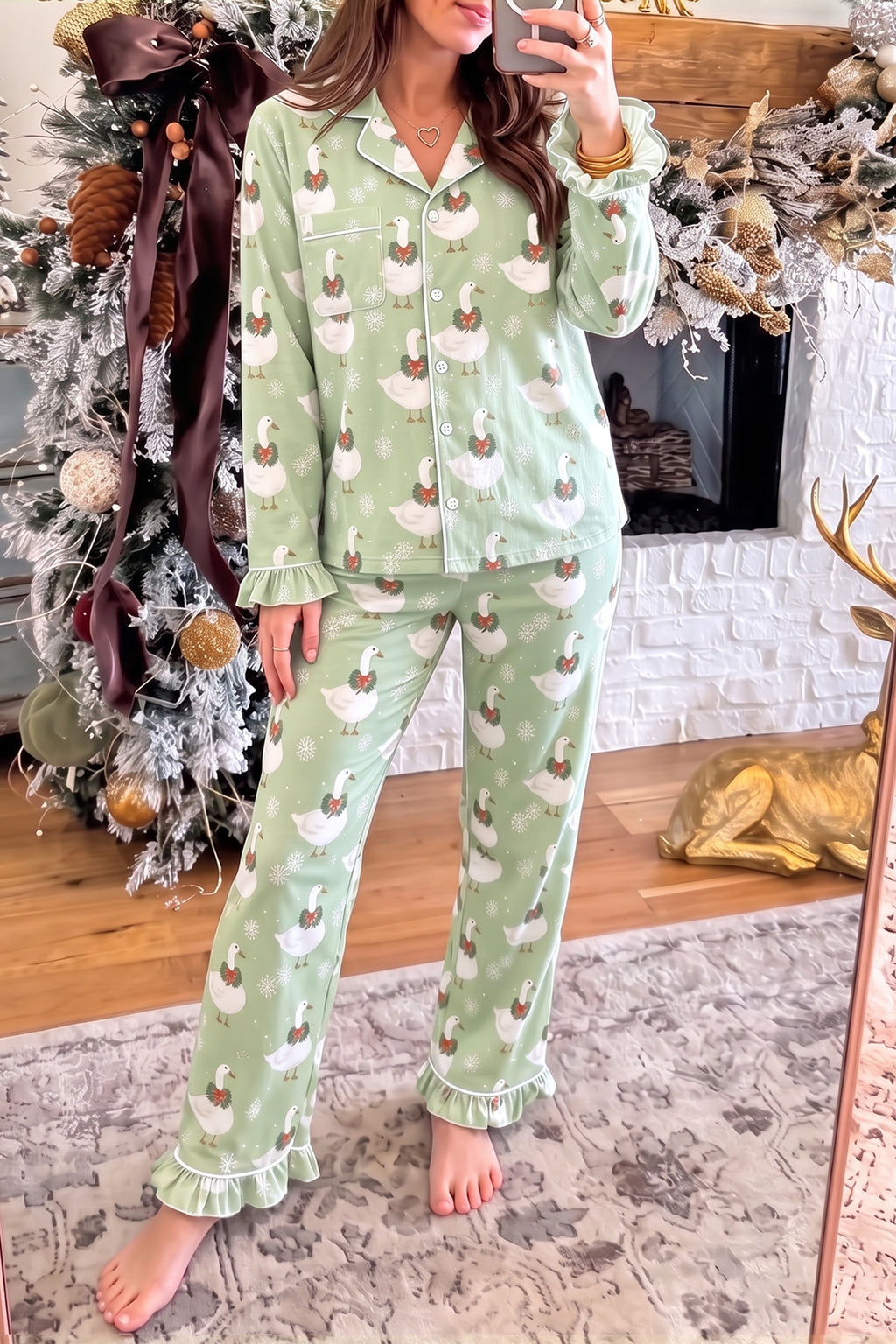 Green Snowflake Goose Print Ruffle Trim Long Sleeve Shirt Style Pajama Pants Set PREORDER ETA 3 WEEKS