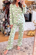 Green Snowflake Goose Print Ruffle Trim Long Sleeve Shirt Style Pajama Pants Set PREORDER ETA 3 WEEKS